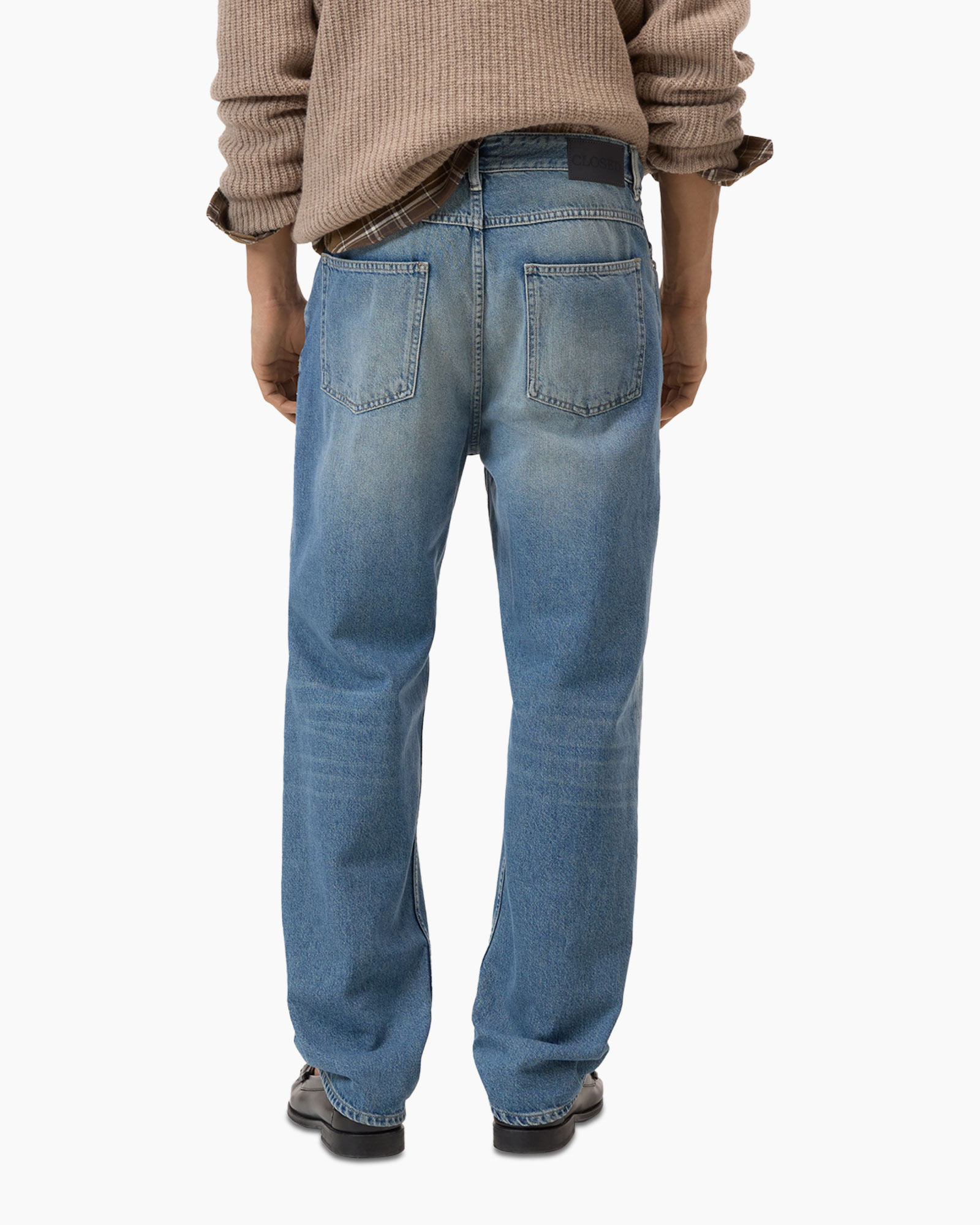 denim, spijkerbroek, achterkant, lichtblauw, losse pasvorm