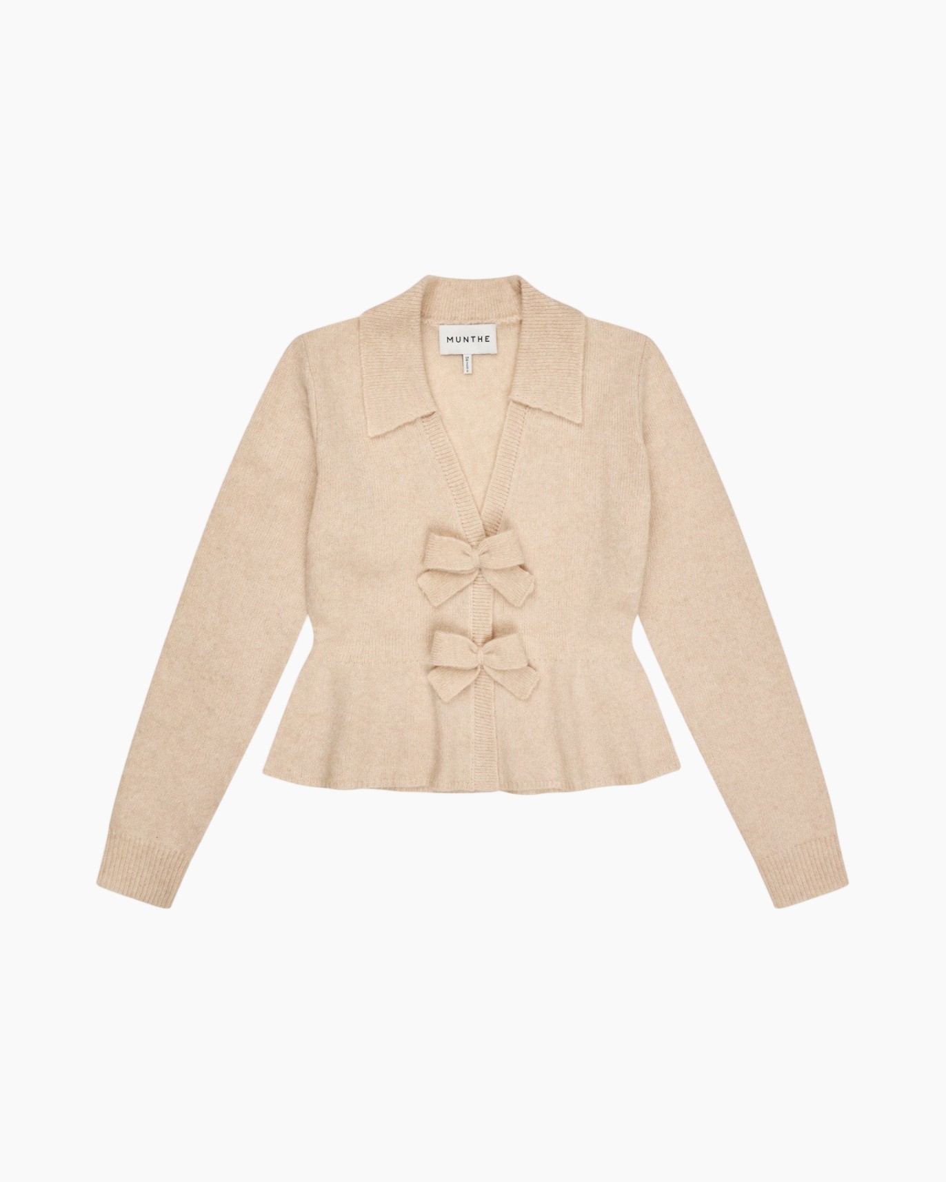 gebreid vest, beige, strikdetails, lange mouwen, met kraag
