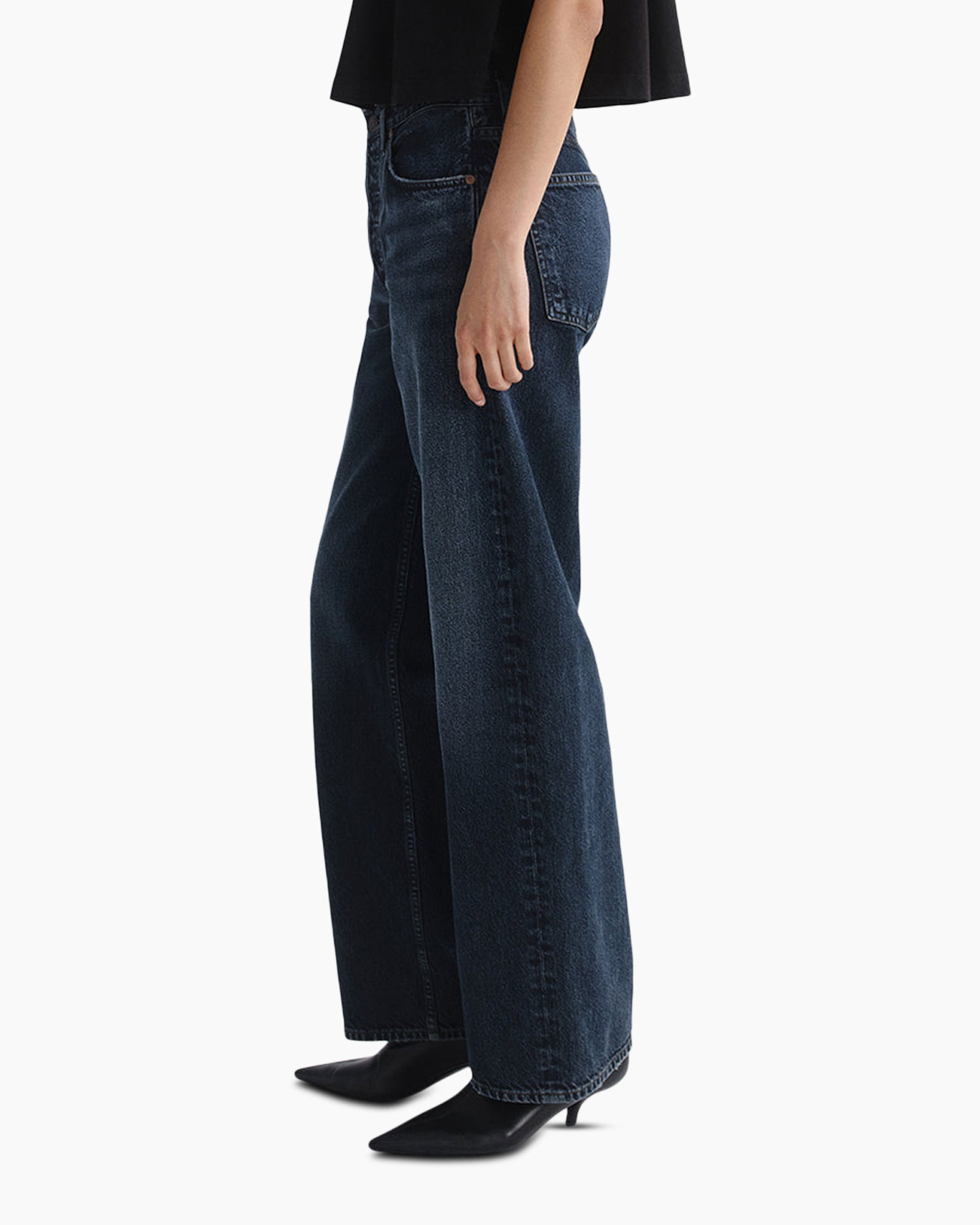 broeken, wijd uitlopend, donkerblauw, denim, broek