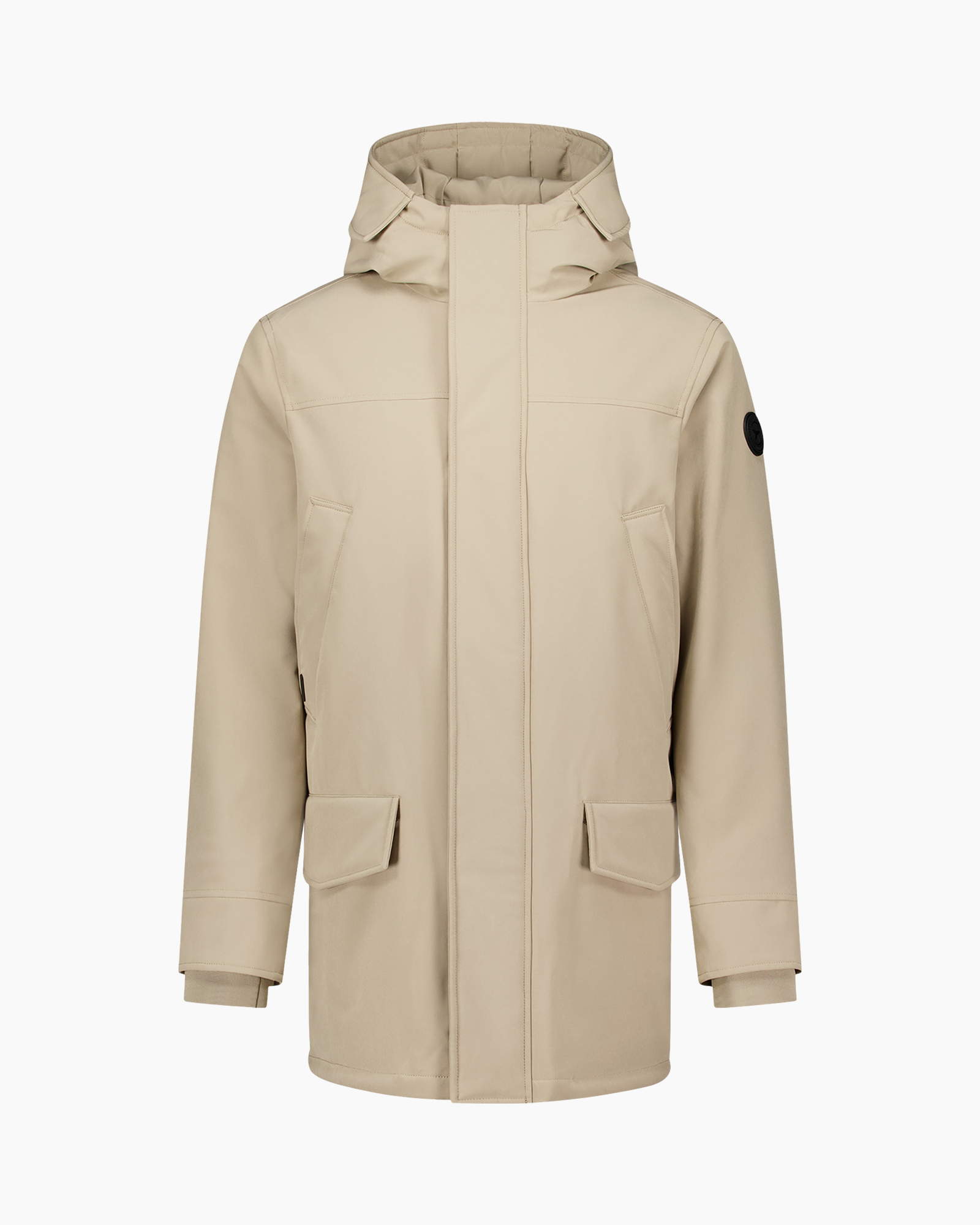 parka, beige, kapophaal, lange jas, zakken