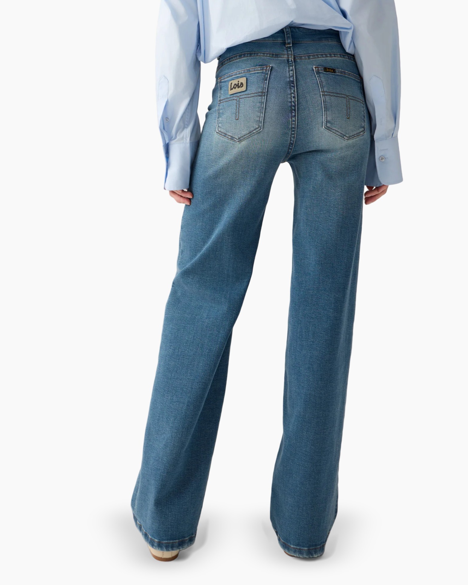 broek, wijd uit, denim, blauw, broek