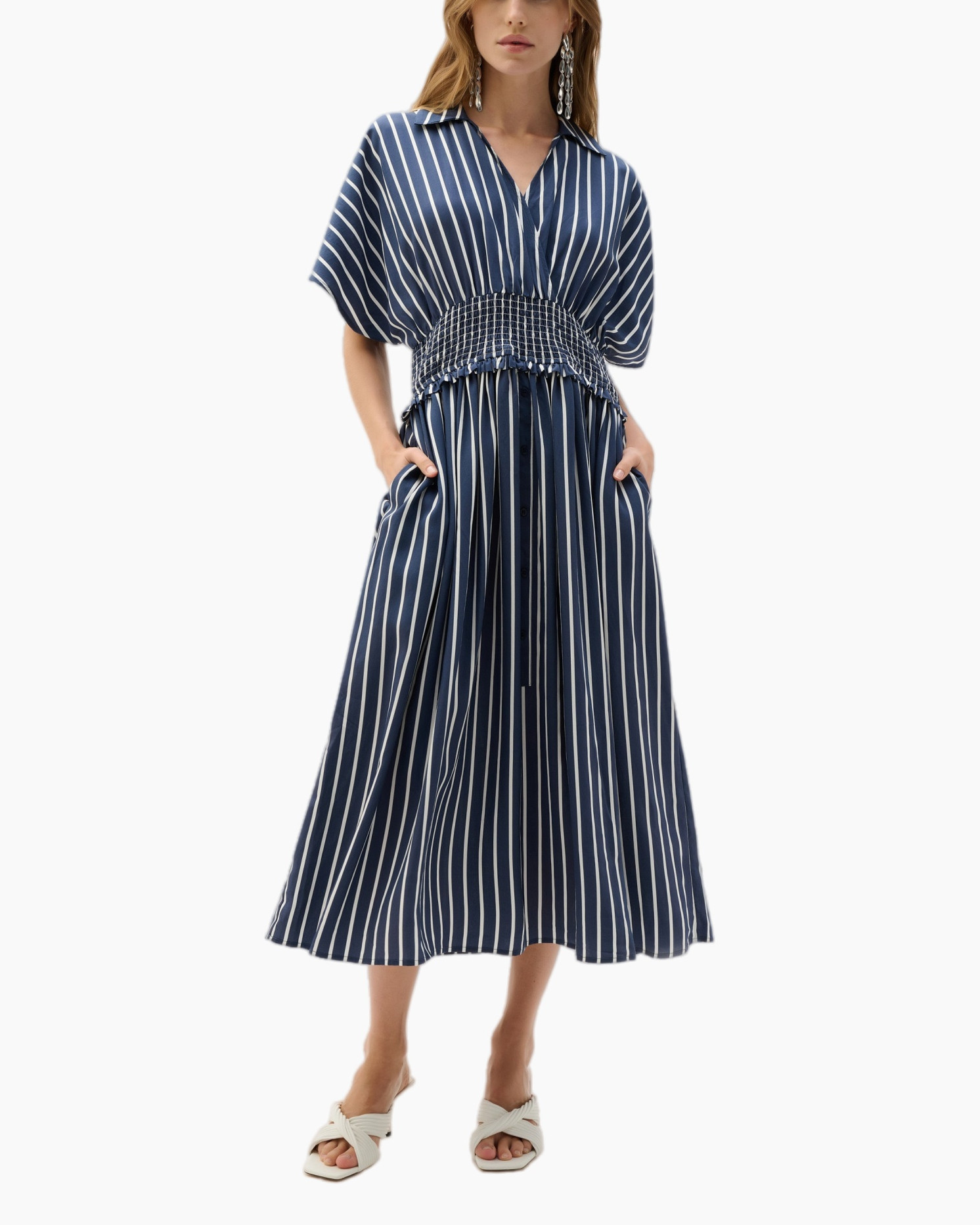 jurk, maxi jurk, marineblauw, gestreept, gerimpelde taille