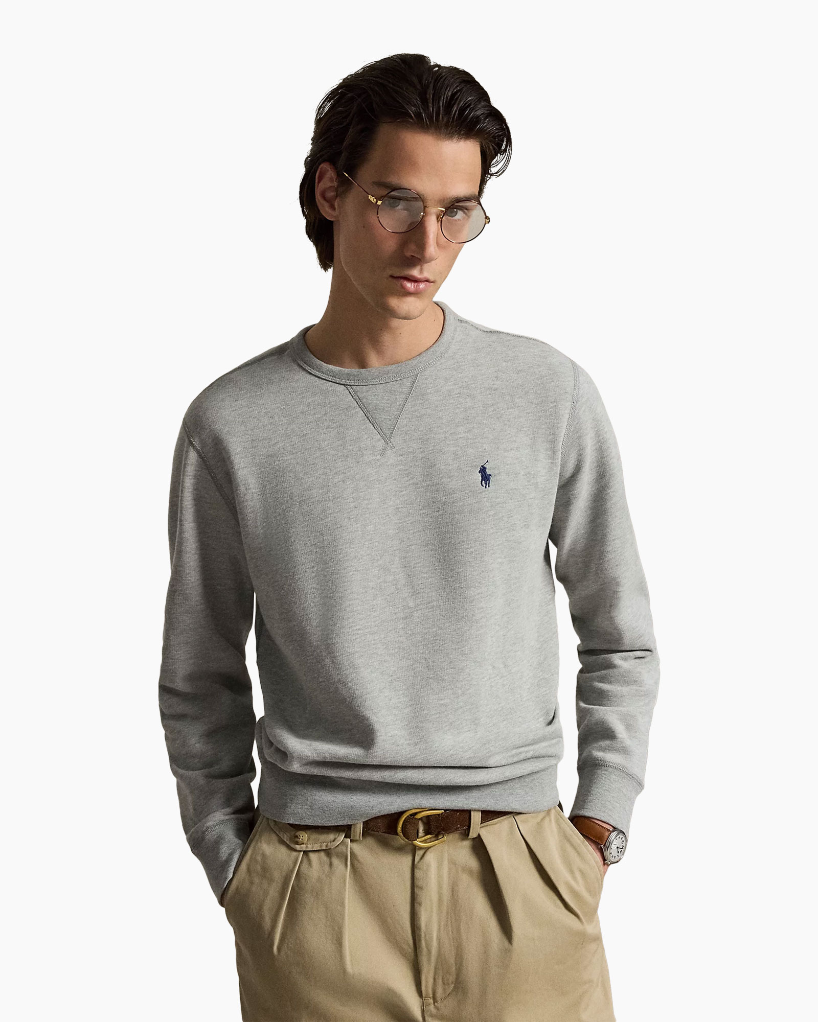 fleece trui, grijs, crewneck, langere mouwen, logo klein