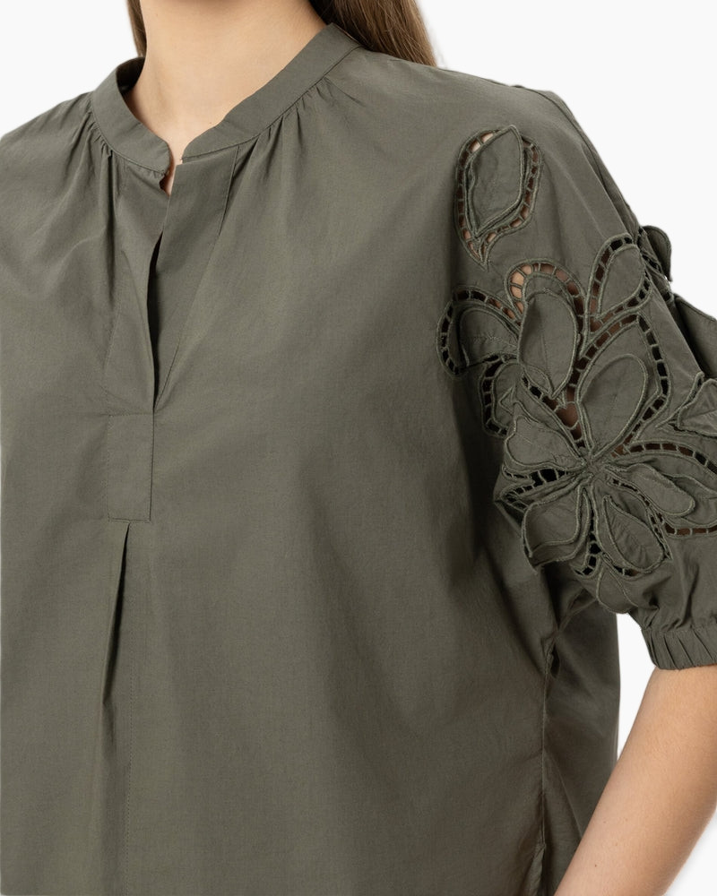 olive, blouse, eyelet, linen, short-sleeve