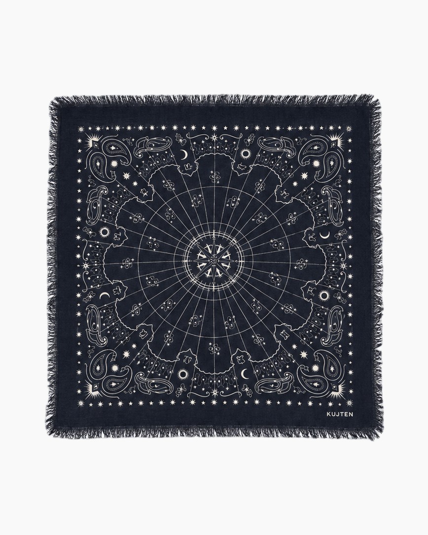 Vierkante sjaal, Marineblauw, Paisleypatroon, Gerafelde randen, Kompasprint