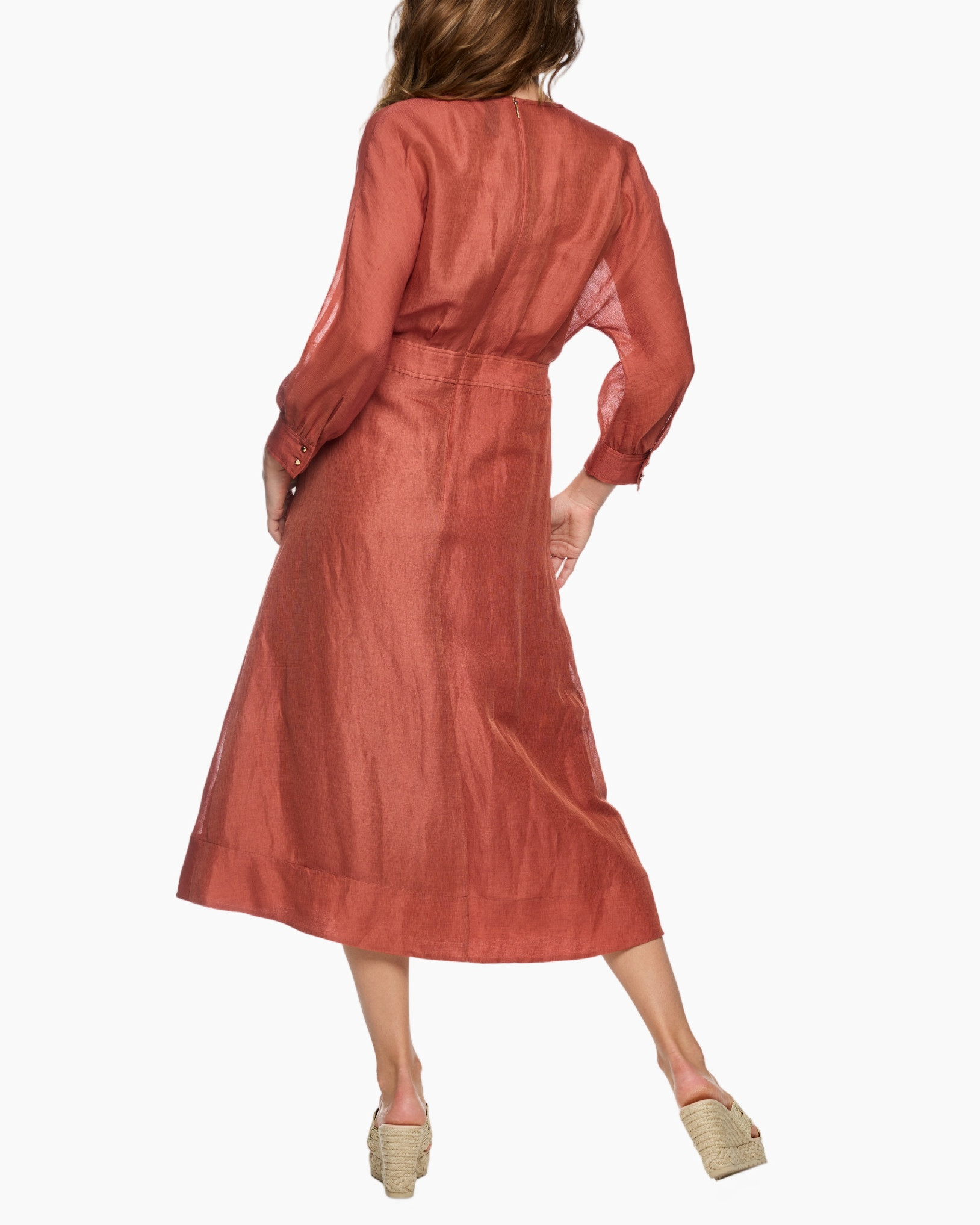 dress, linen, mid-length, long-sleeve, pockets