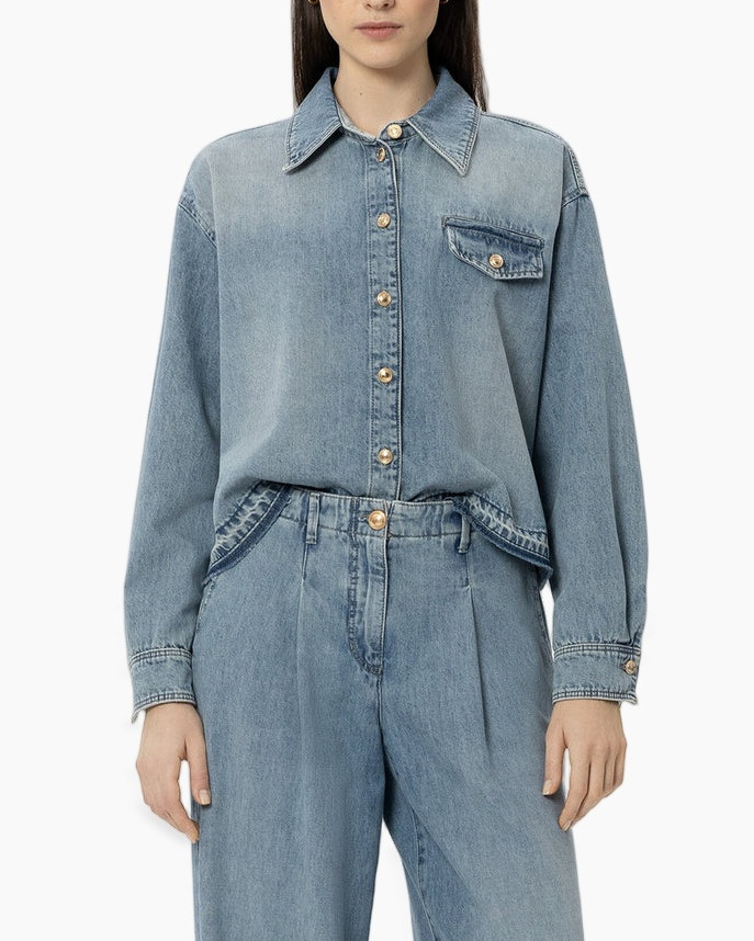 jasje van denim, knopen aan de voorkant, kraag, lange mouw, zakje detail