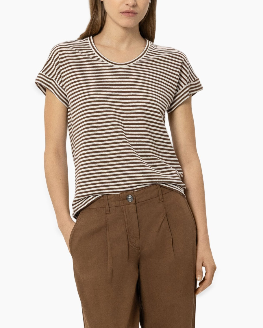 t-shirt, striped, brown, short-sleeve, crew-neck