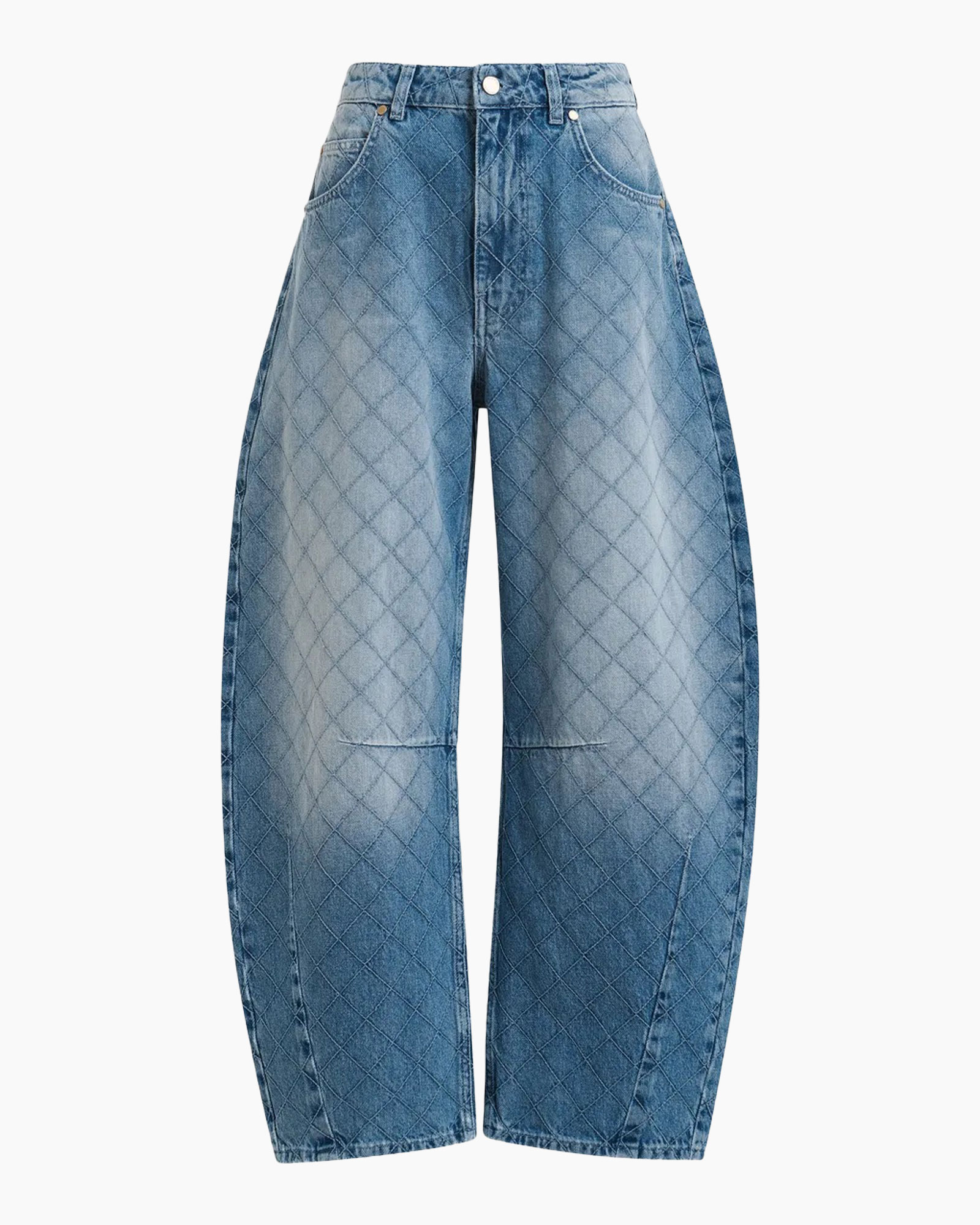 denim, quilted, broek, hoog taille, blauw