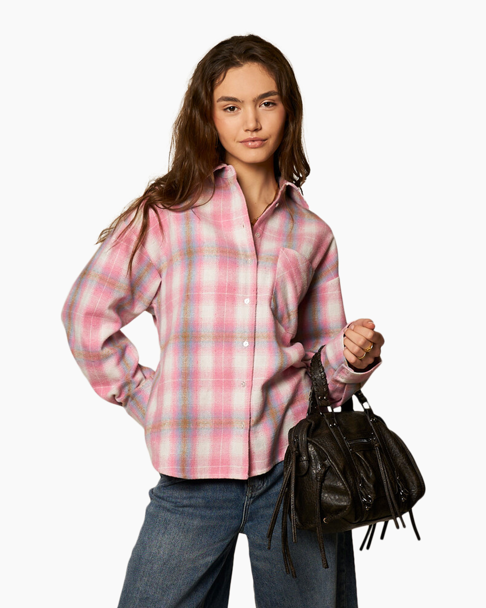 Shirt, Handtas, Blouse, Lange mouwen, Jeans
