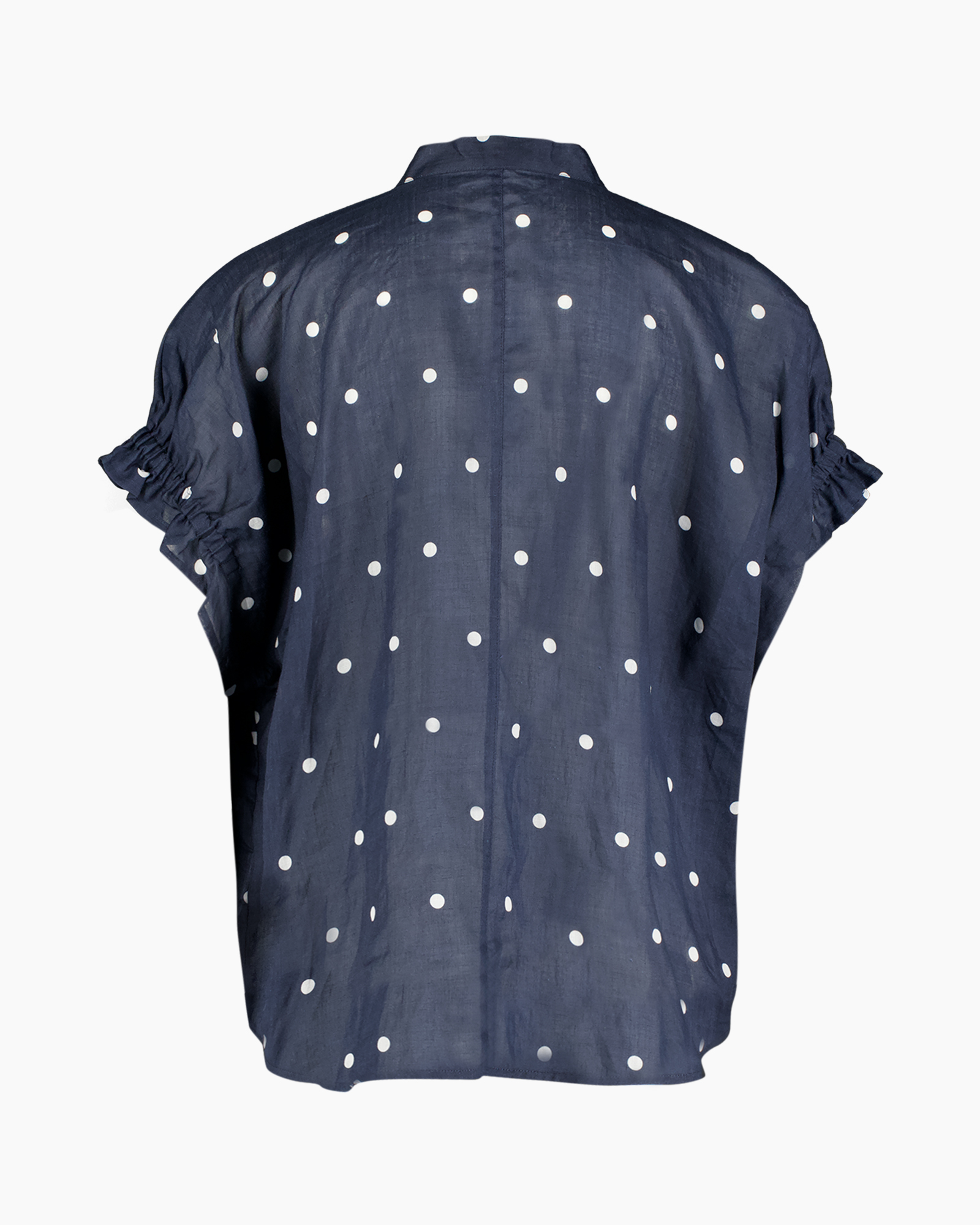 polka dot, blouse, donkerblauw, ruffle detail, korte mouw