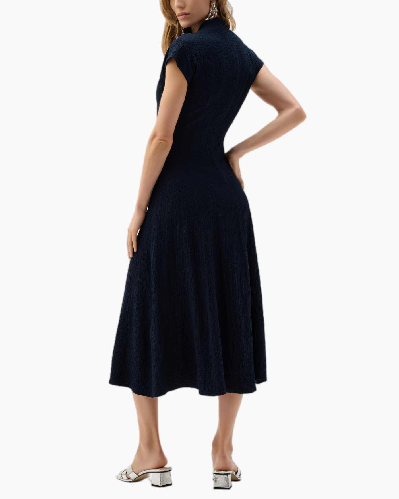 jurk, midi, marineblauw, wrap, plissé