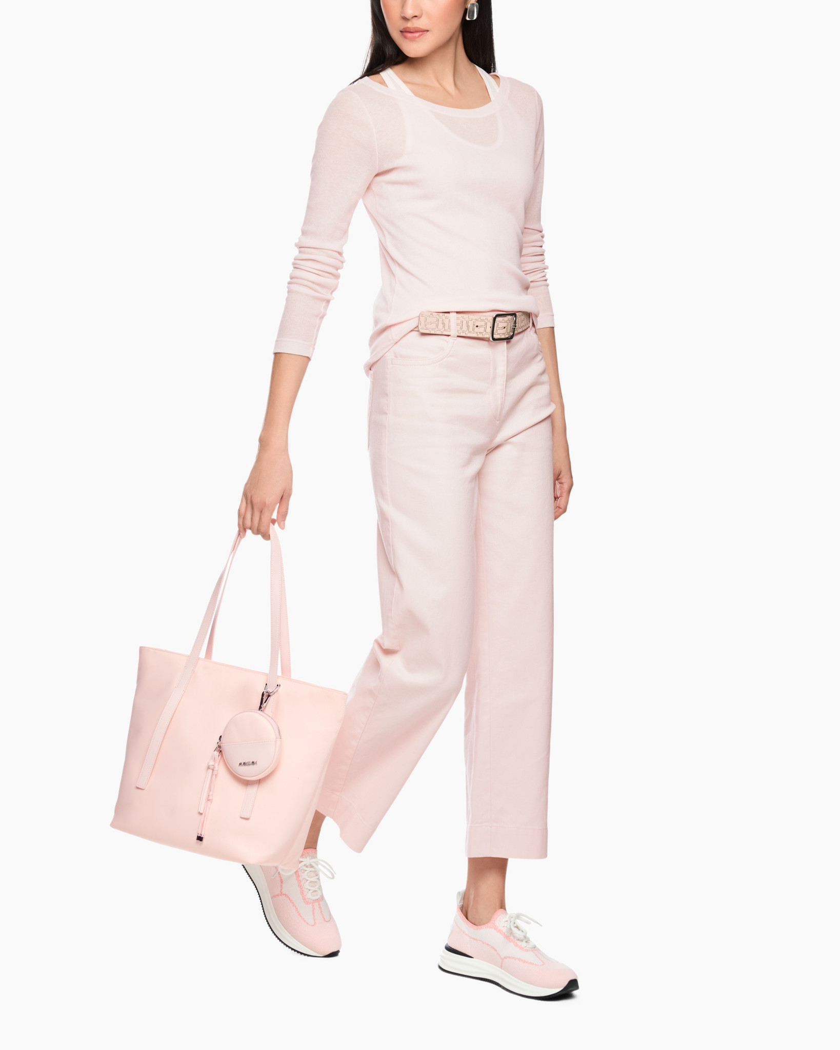 pink, pants, belt, handbag, sneakers