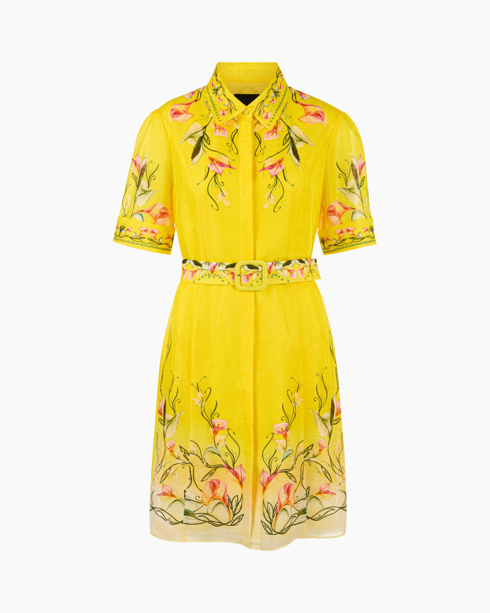 gele jurk, borduurwerk, bloemenmotief, riem, knielengte