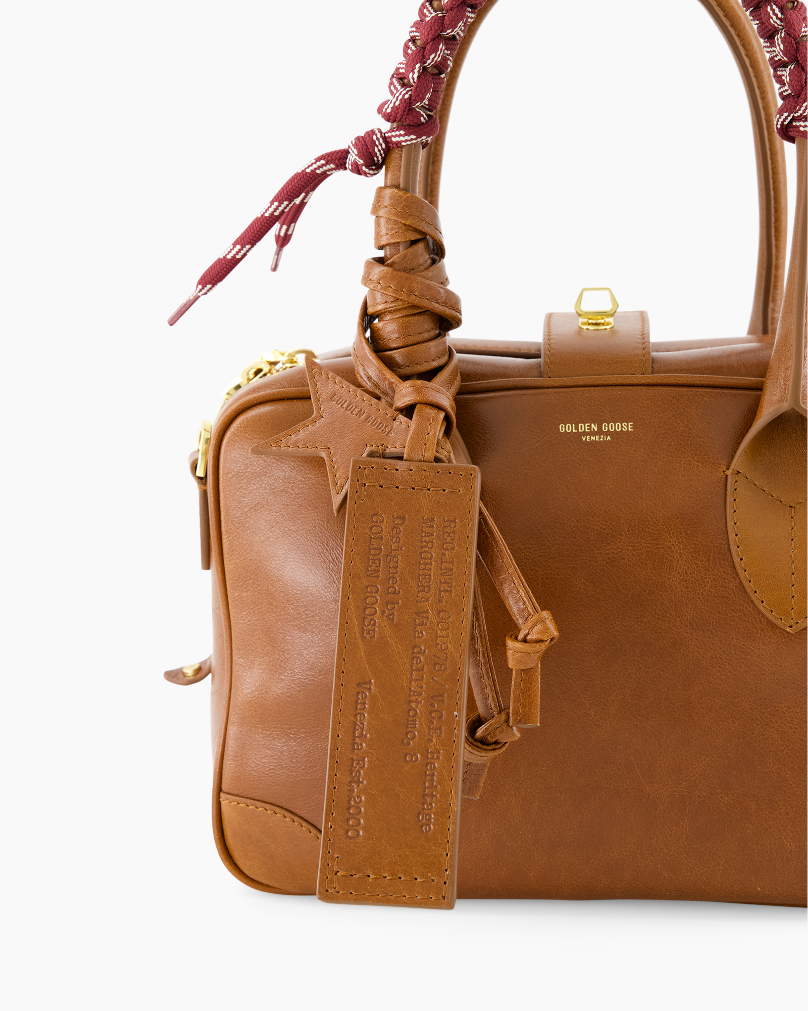 handtas, leer, bruin, goud hardware, labelriem