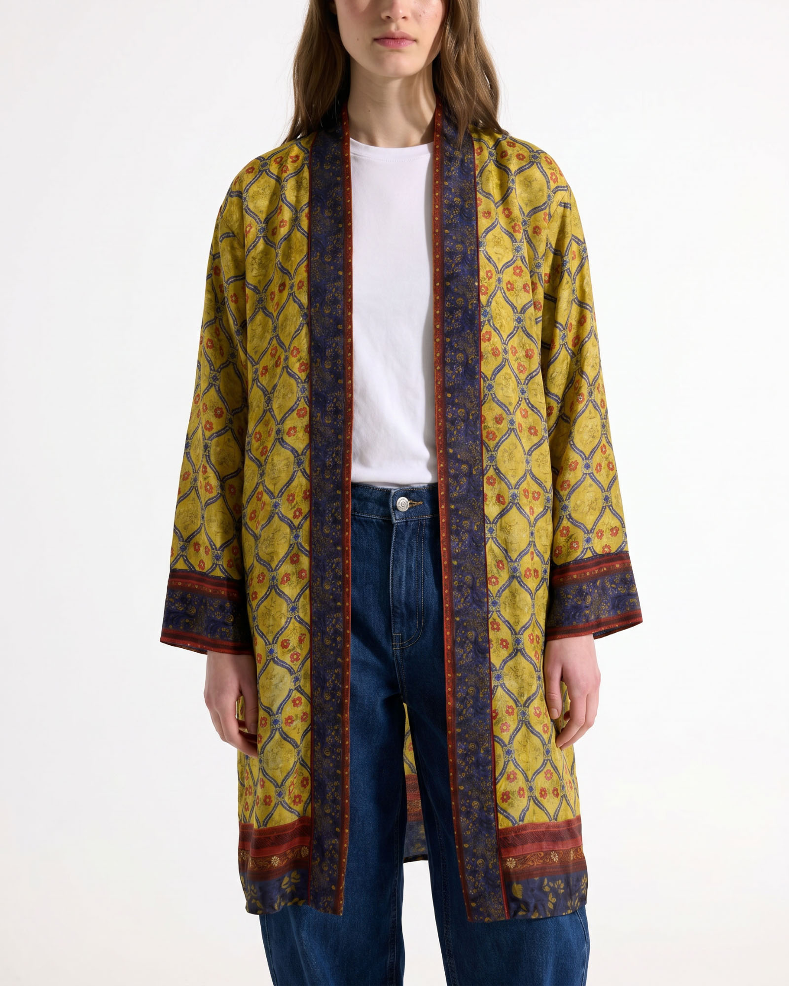 kimono, geprintte jas, geel, lang vest, lange mouwen