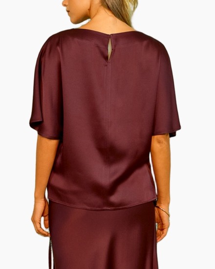 zijde, top, korte mouwen, wrap, donkerrood