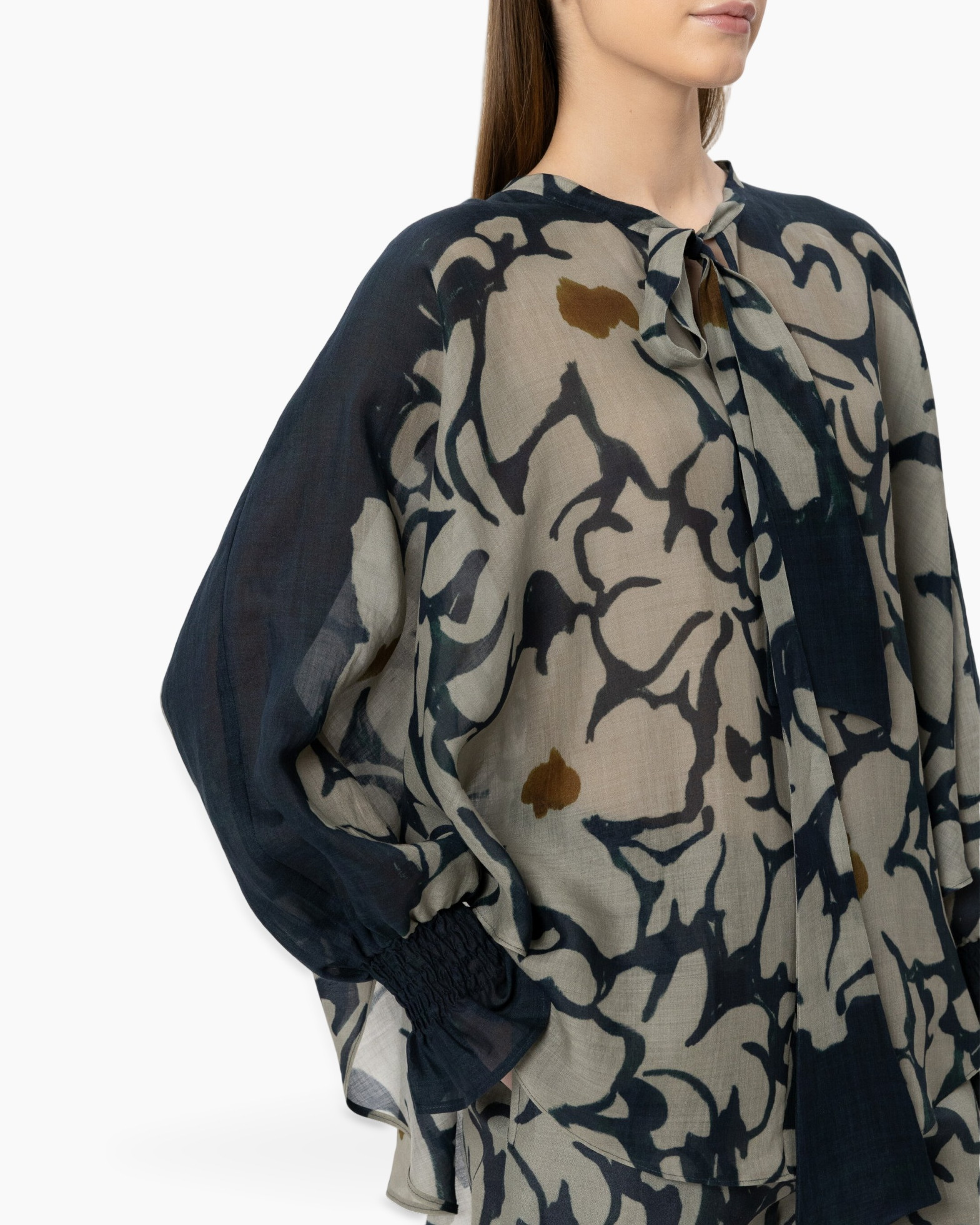 blouse, print, abstract, lange mouw, doorschijnend