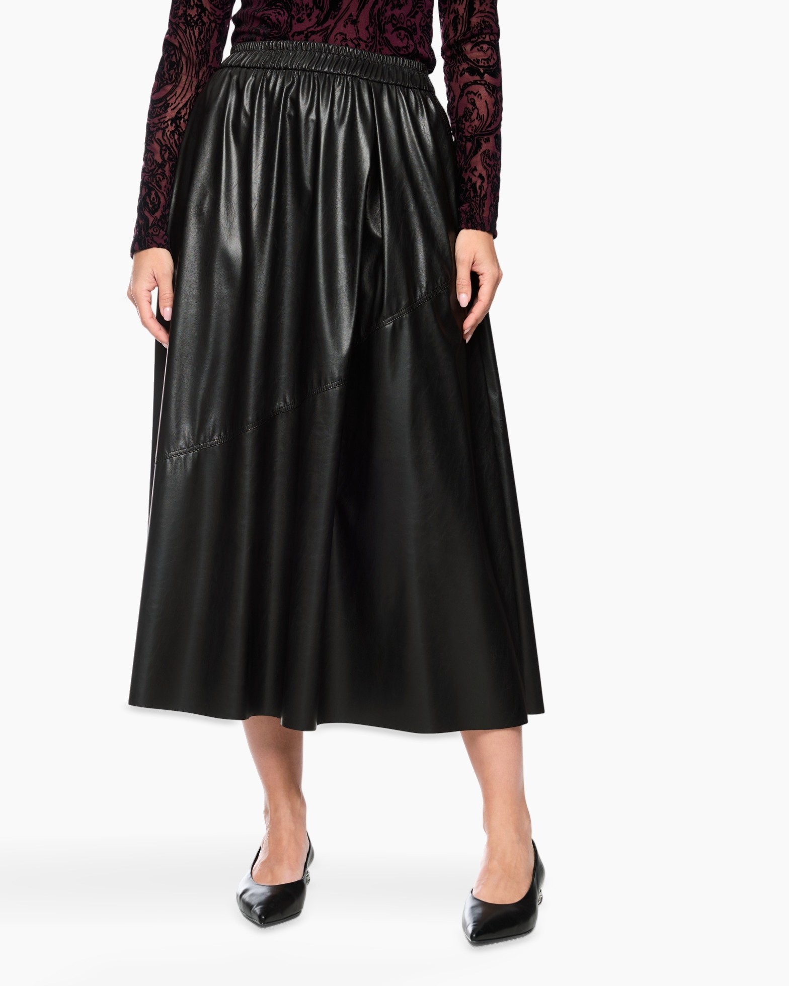 rok, middellang, zwart, leer, elastische- taille