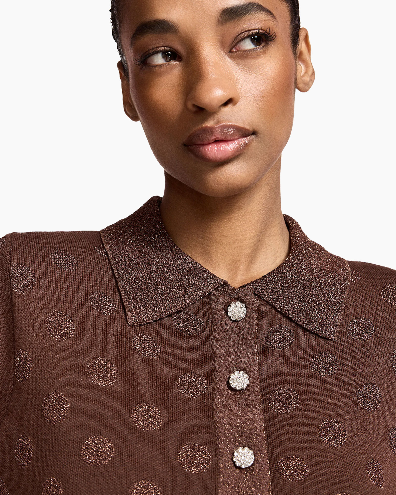 gebreide polo, polkadot, kraag blouse, bruin, textuurstof