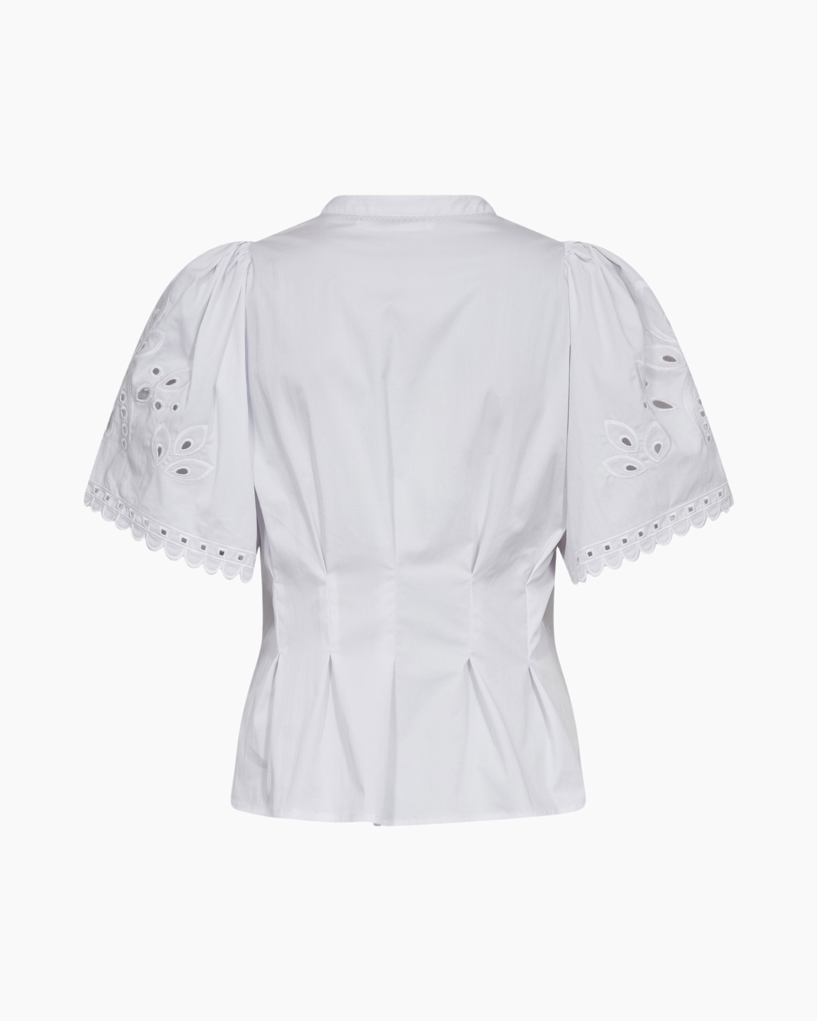 witte blouse, korte mouwen, eyelet details, v-hals, peplum silhouet