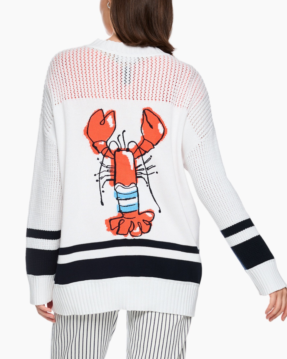 cardigan, knit cardigan,  Anchor emblem, navy stripe, white cardigan