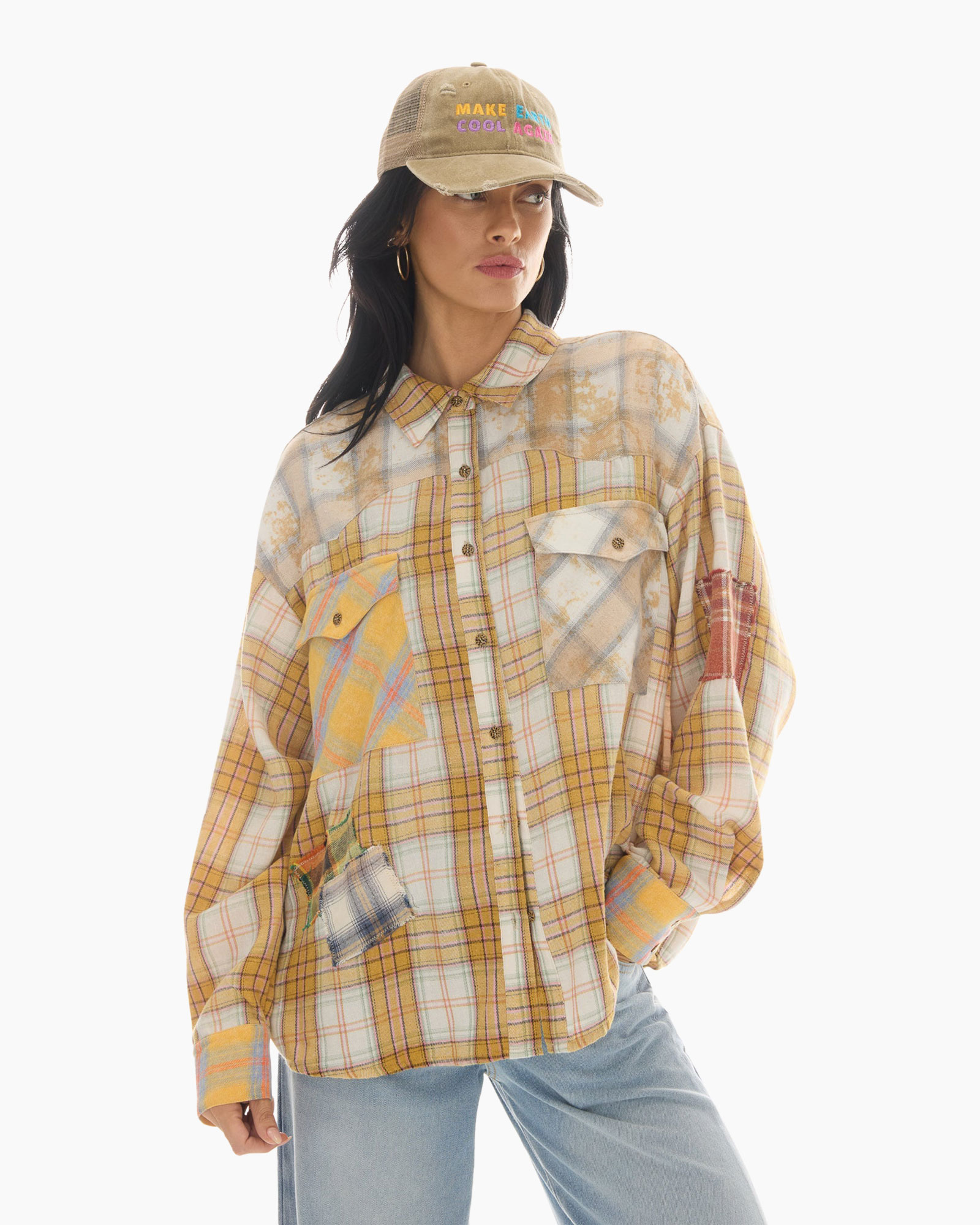 mantel tartan, oversized, patchwork, knopen, pet ls cap off