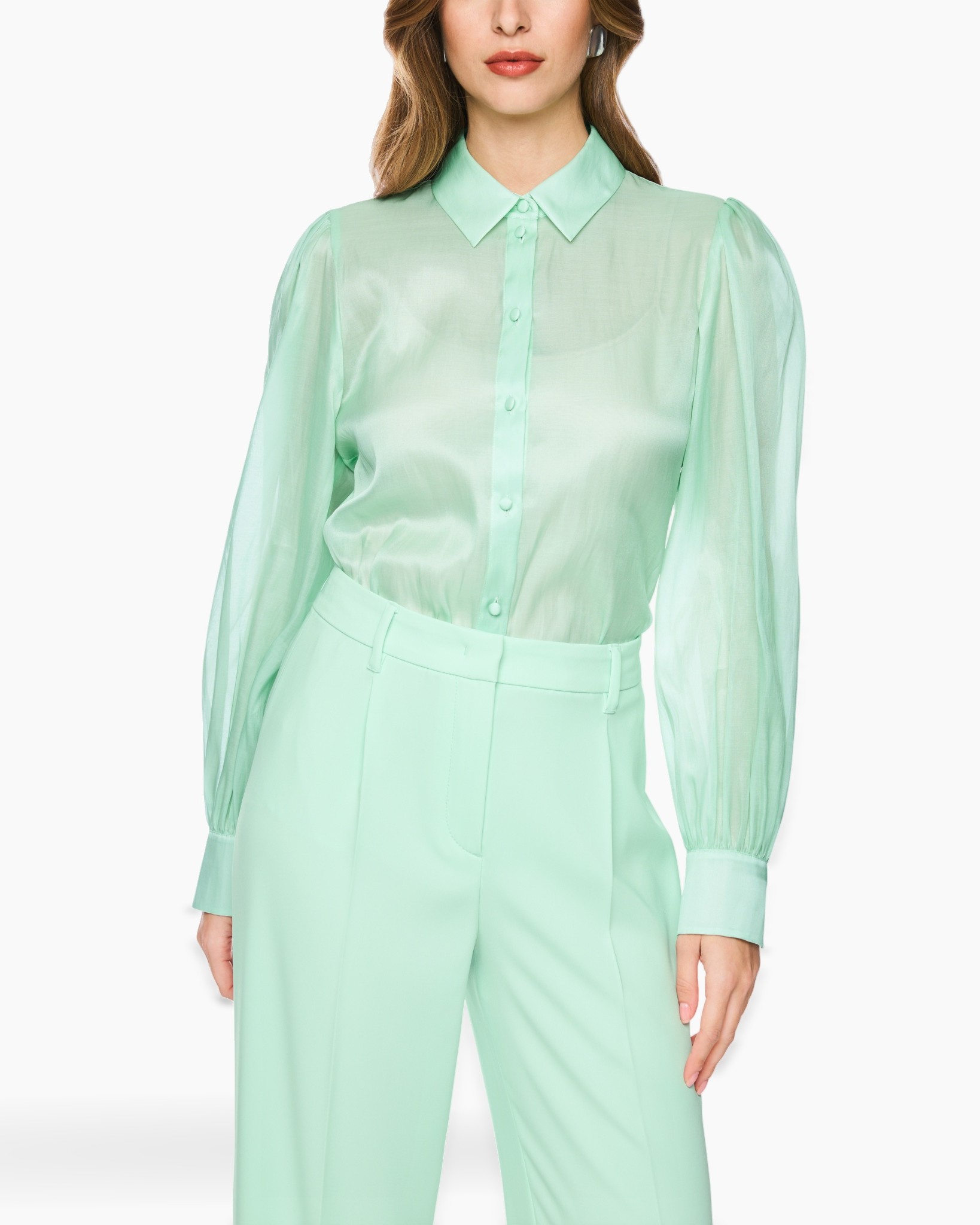 blouse, vanisch, groen, kraag, pofmouw
