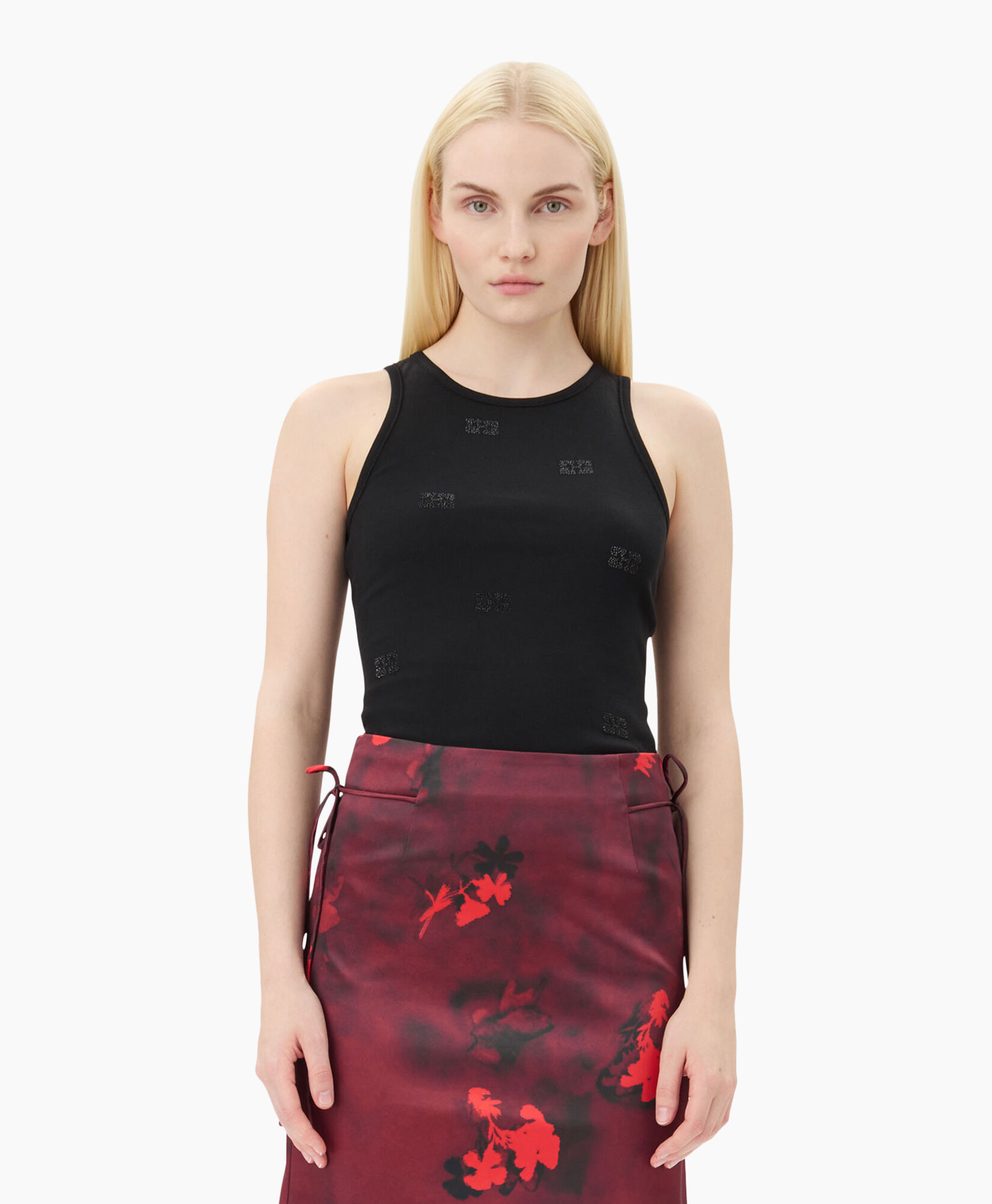 Top Soft Cotton Rib Rhinestone Butterfly Zwart