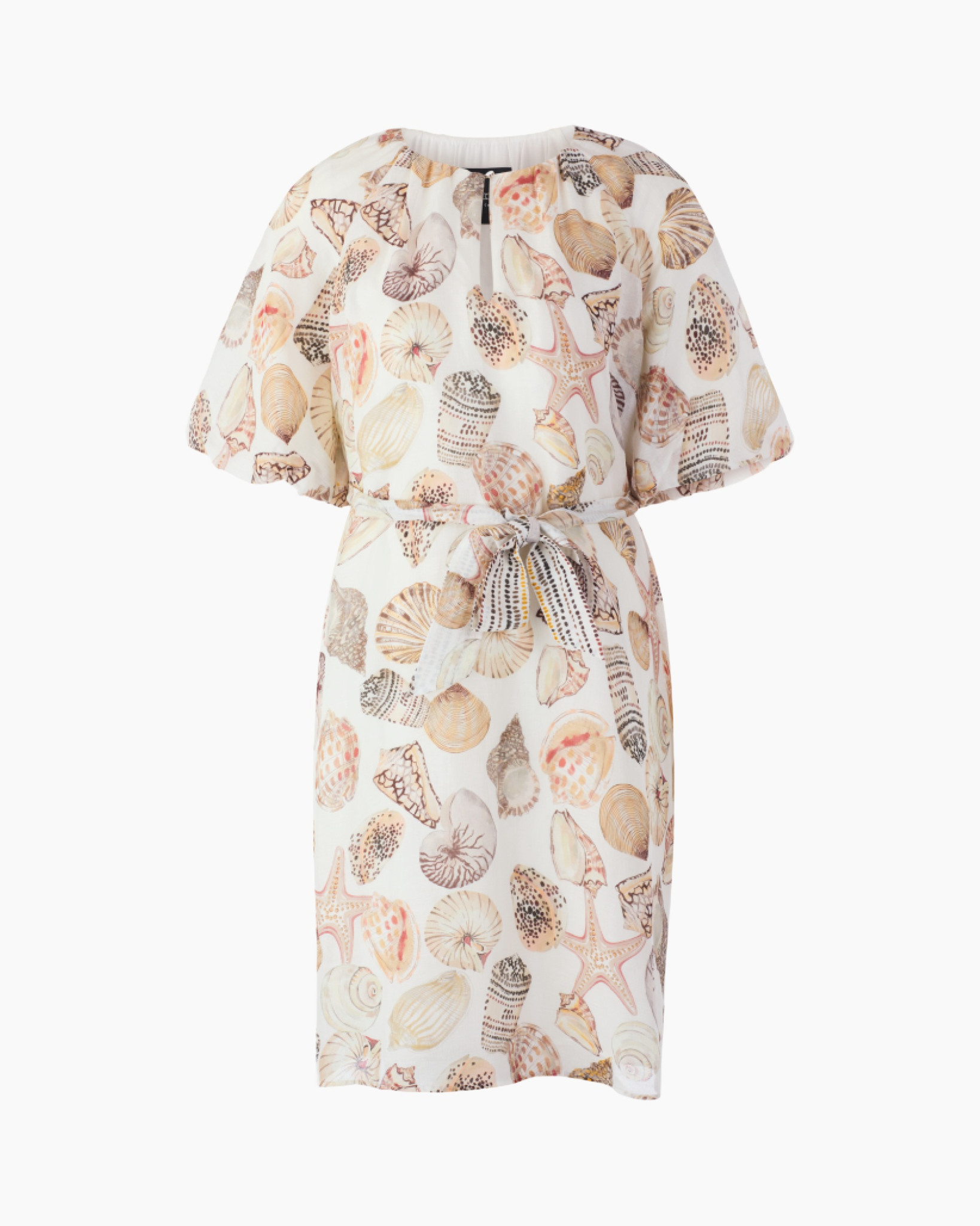 dress, shell pattern, belted, short sleeve, calm beige