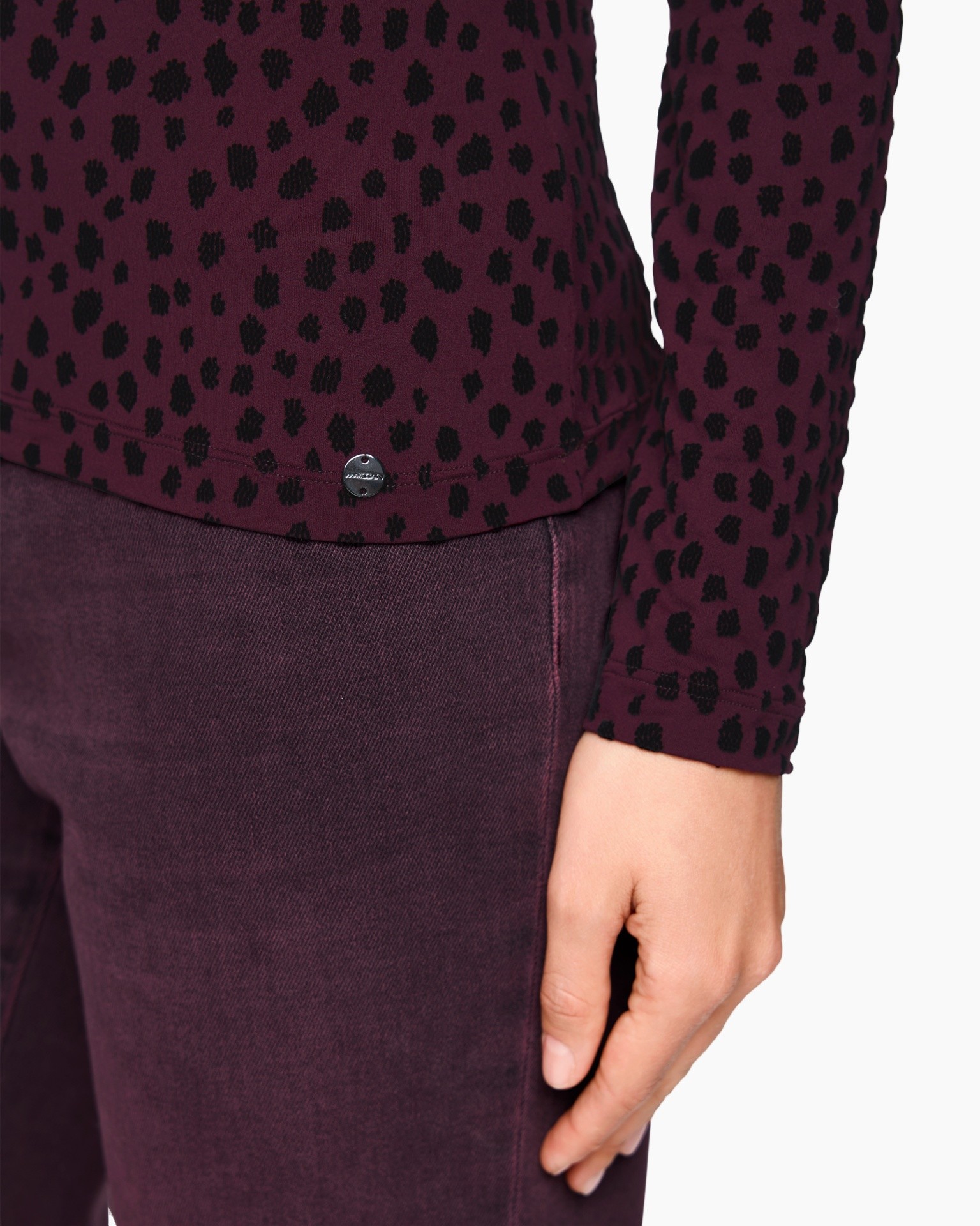 raster patroon, vlekken print, lange mouw, bordeaux, gebreide top