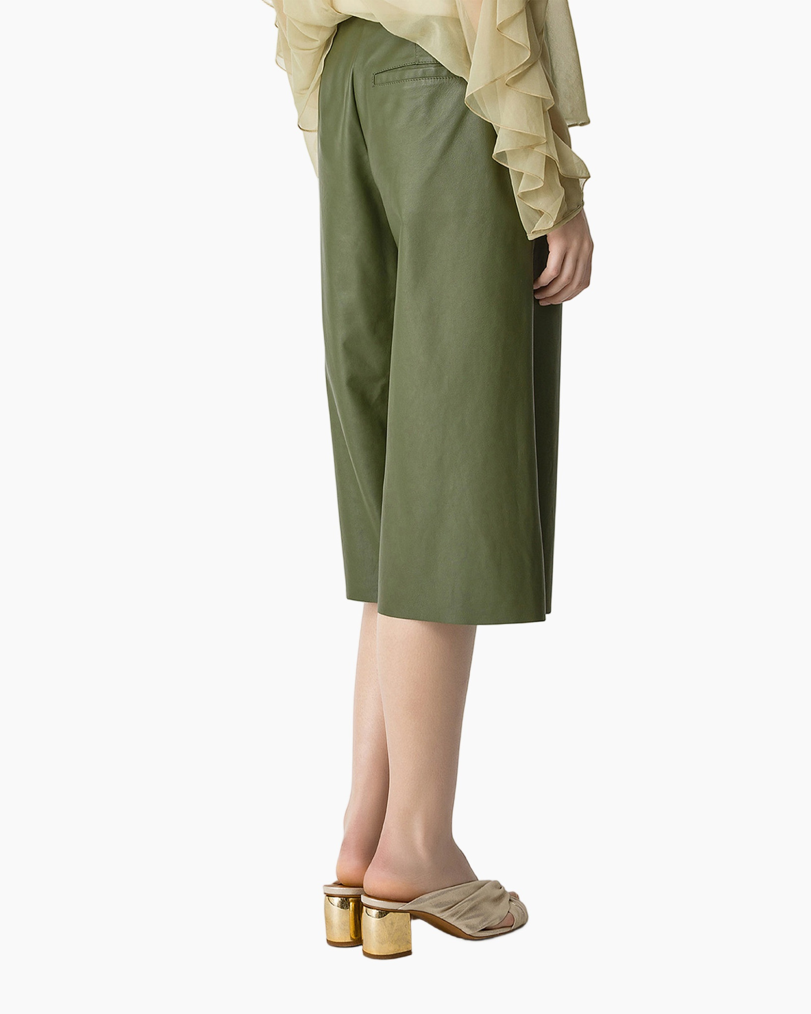groene culotte, leerachtig, knee-length, wijdte-breed, slip-ons sandaal