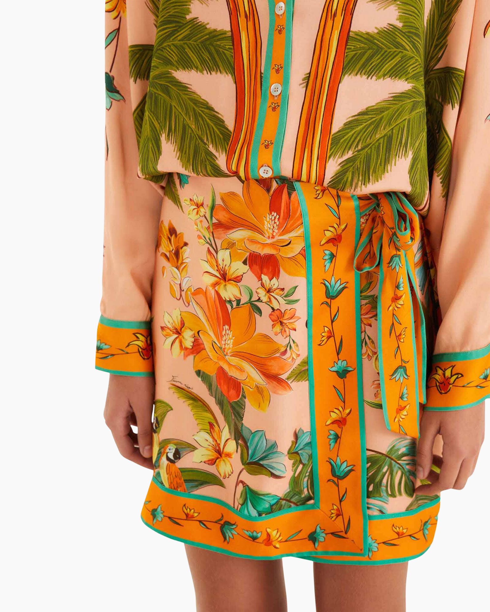jurkje, print, korte, palmboom, v-hals, jurk, broekhort, bloemen, wrap, oranje-groen