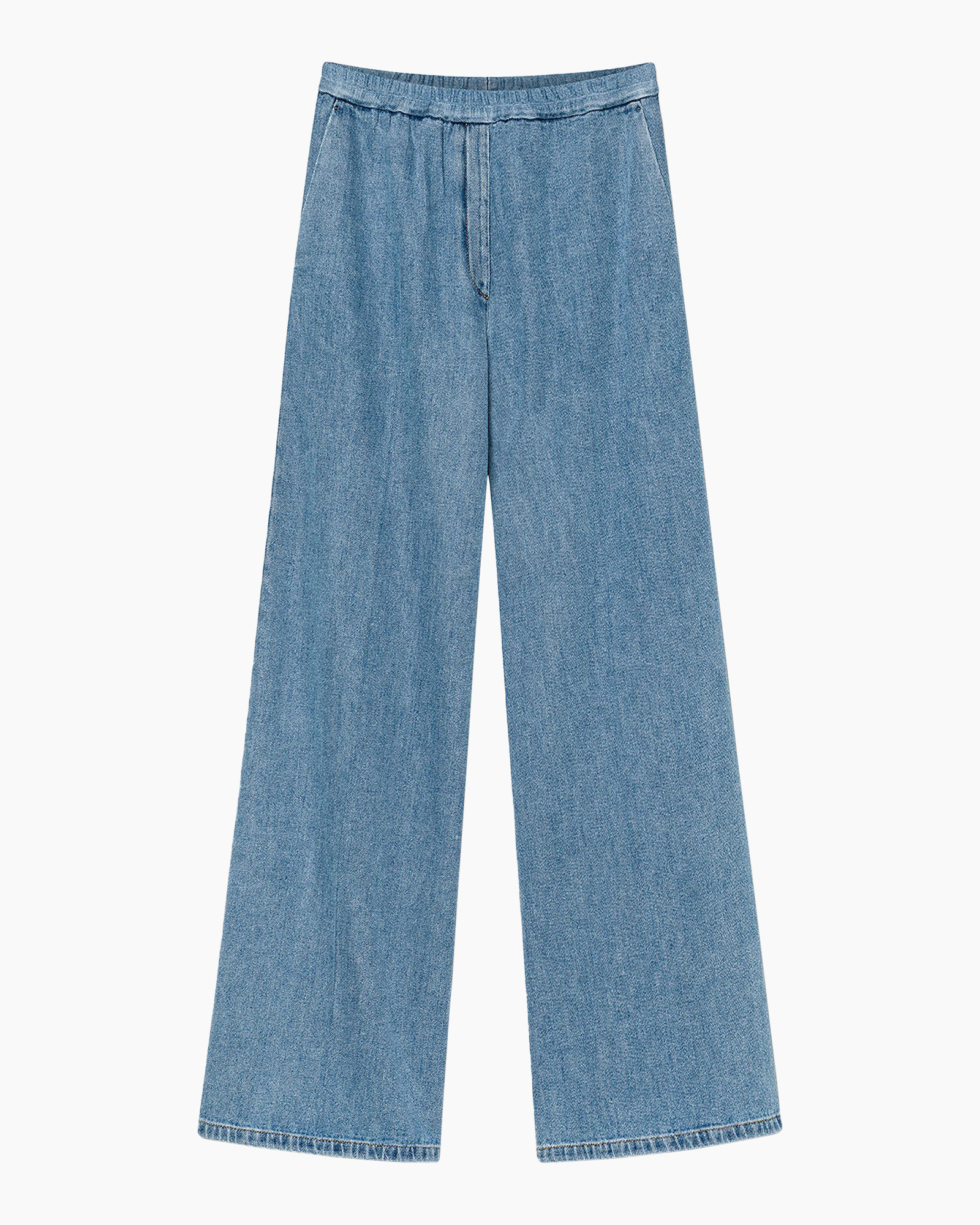 spijkerstof, broek, blauw, wijderelegant, elastische-taille