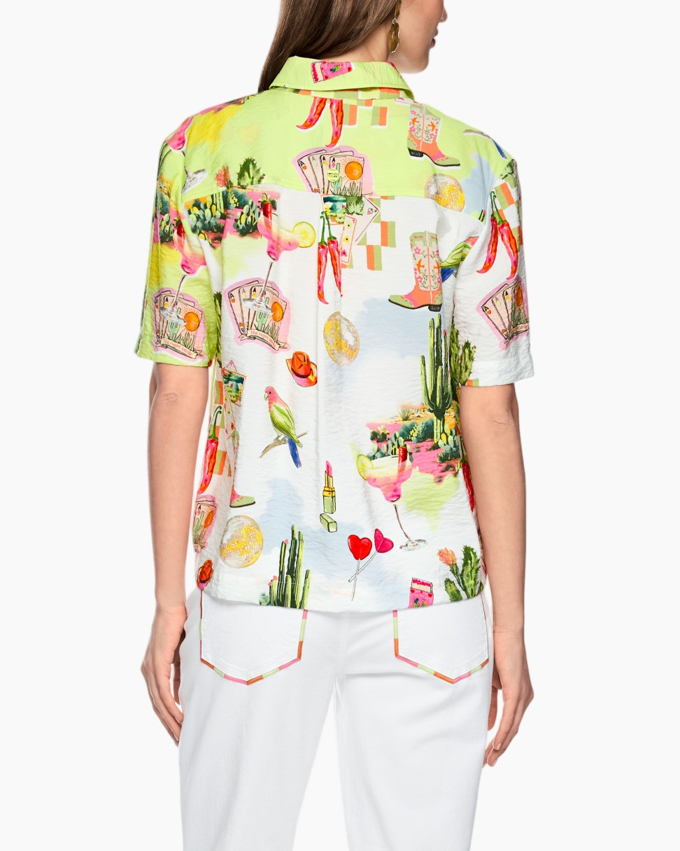 hemden korte mouwen, grafische print, gekraagde top, fel groen, casual blouse