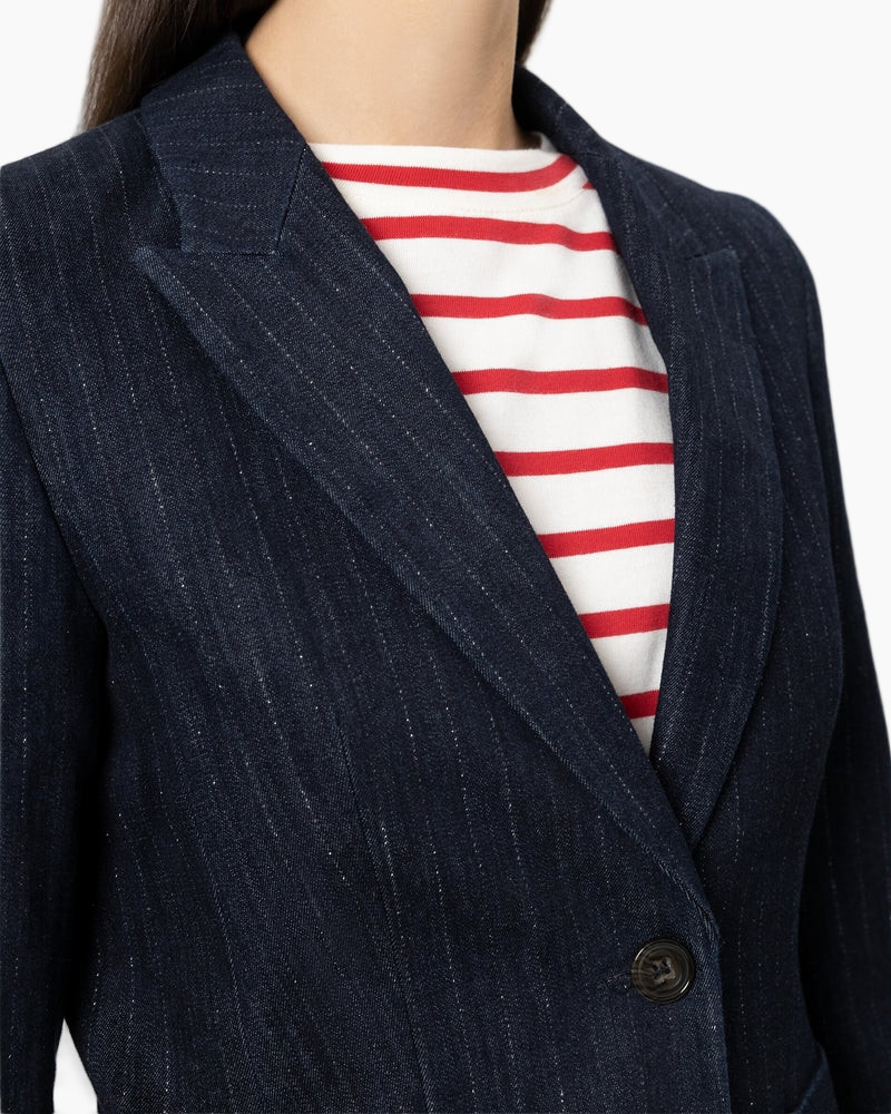 blazer, denim, stokpatroon, enkelbreasted, knopen