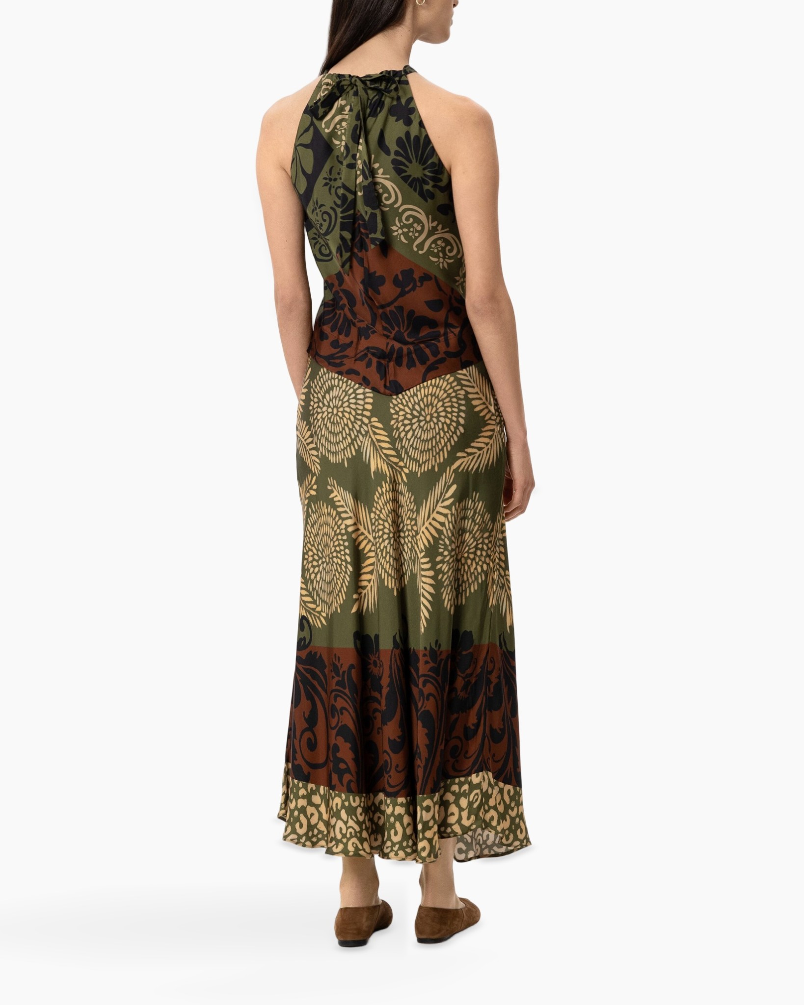 avond jurk, halternek, gevormde jurk, Patterned jurk, olie groene