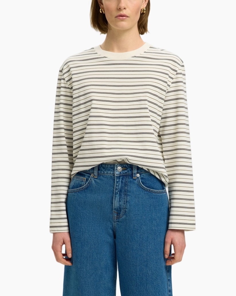 gestreept, lange mouw, ronde hals, jeans, top