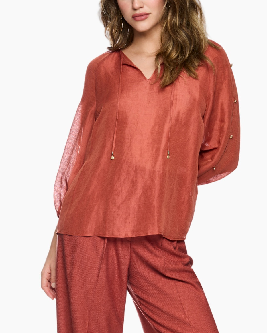 loose blouse, linoïde/linnen-achtig, trekkoord, longo sleeve, roodbruin/roestrood