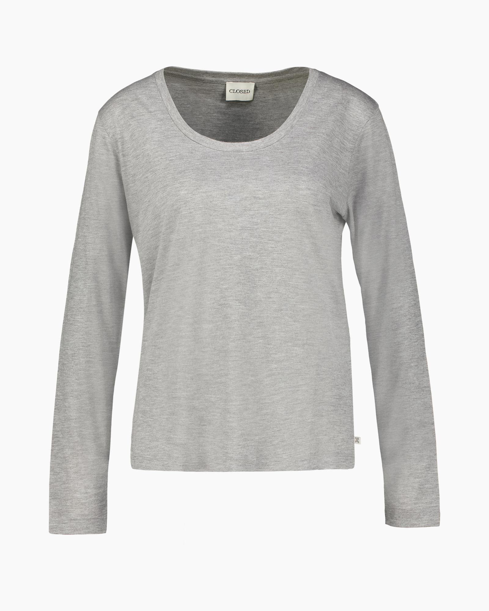 t-shirt, lange mouwen, grijs, brei, kraagloze ronde hals