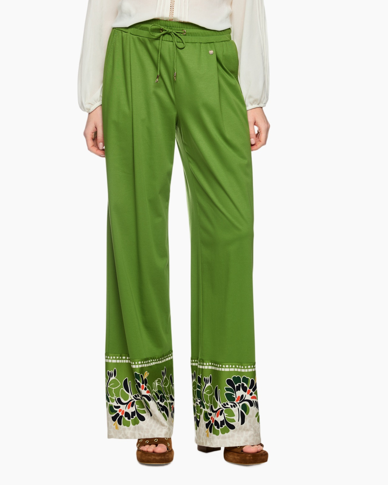 green pants, wide-leg, drawstring waist, floral border, trouser