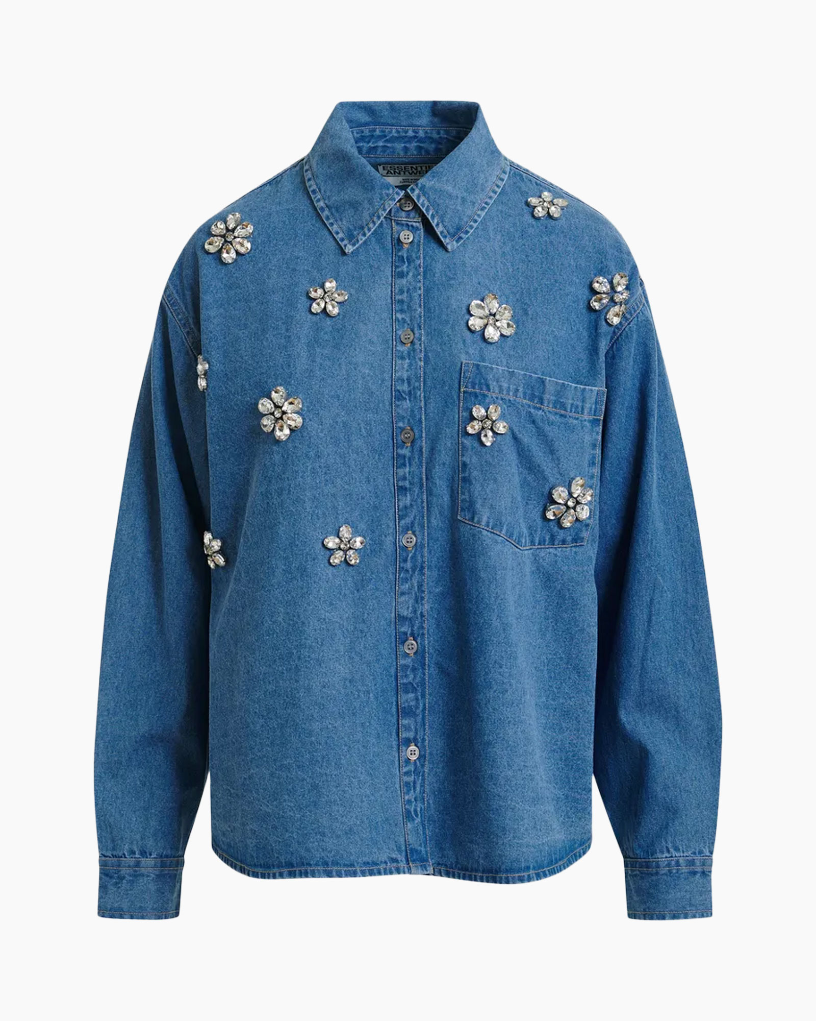 denim shirt, hemd van spijker, jasje van denim, versierd, bloemen strass