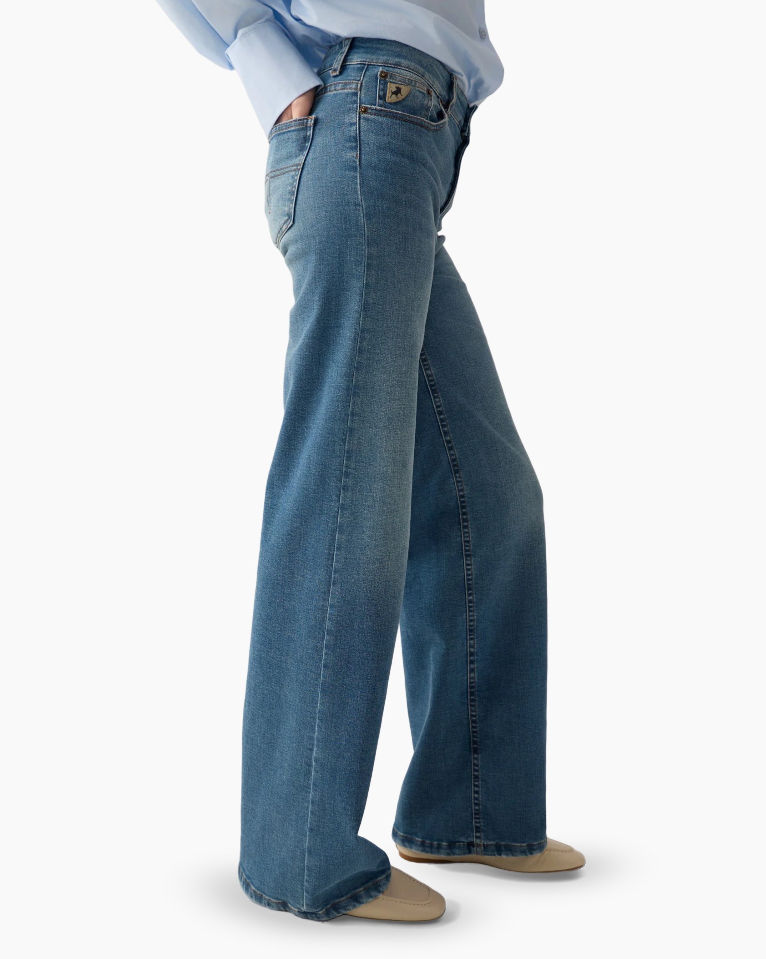 broek, wijd uitlopend, denim, blauw, broekpantalon