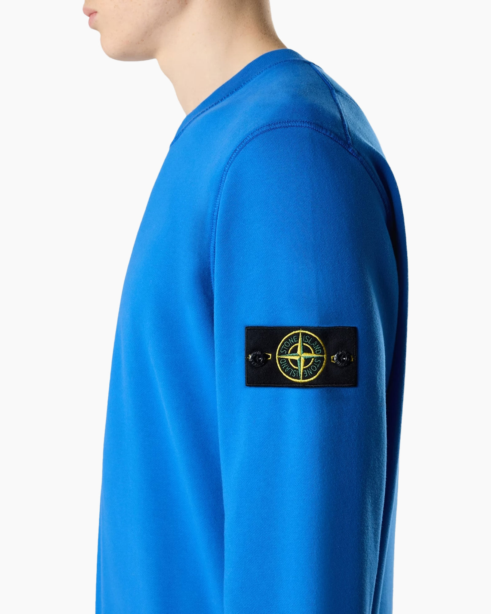 blue sweatshirt, long sleeve, patch, stone island, crew neck