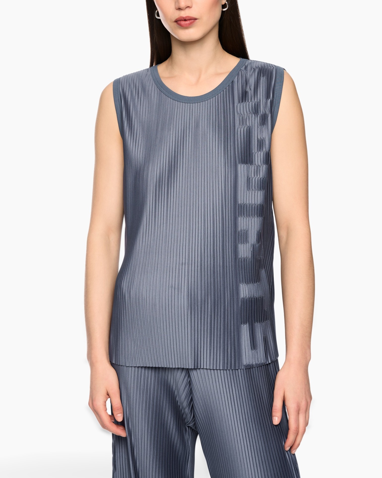 geplooid, tanktop, mouwloos, blauwgrijs, top