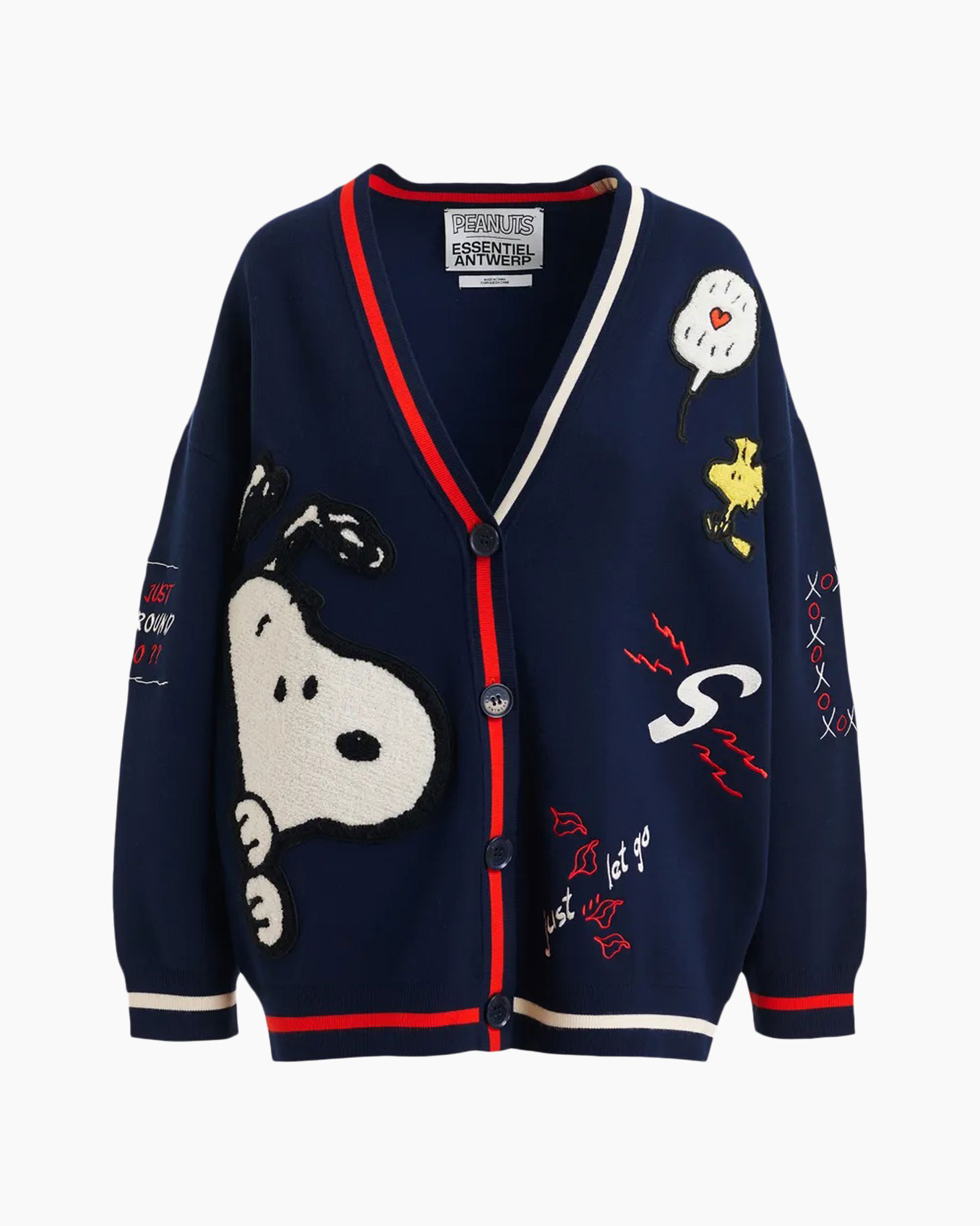 cardigan, snoopy, trui, marine, borduring