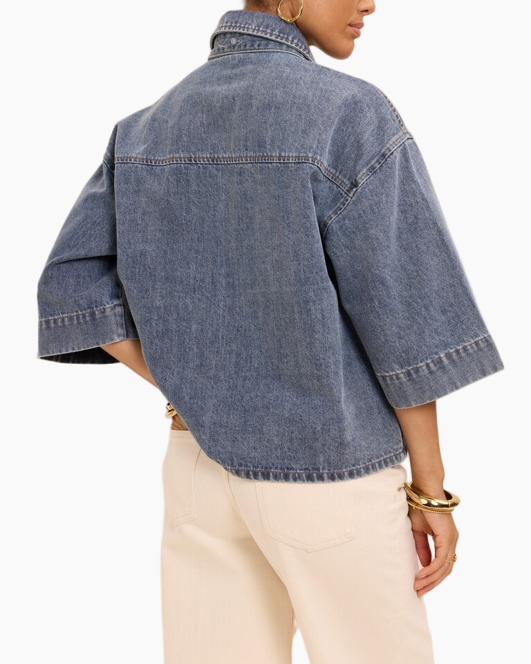 denim, jasjacket, korte mouwen, kraag, voorzak