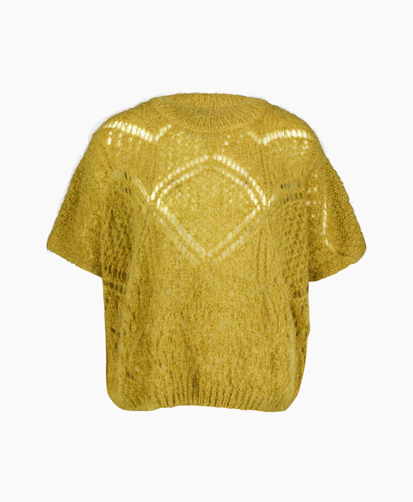 es knits, suéter de punto, dorado amarillento, sobrehilado, patrón calado