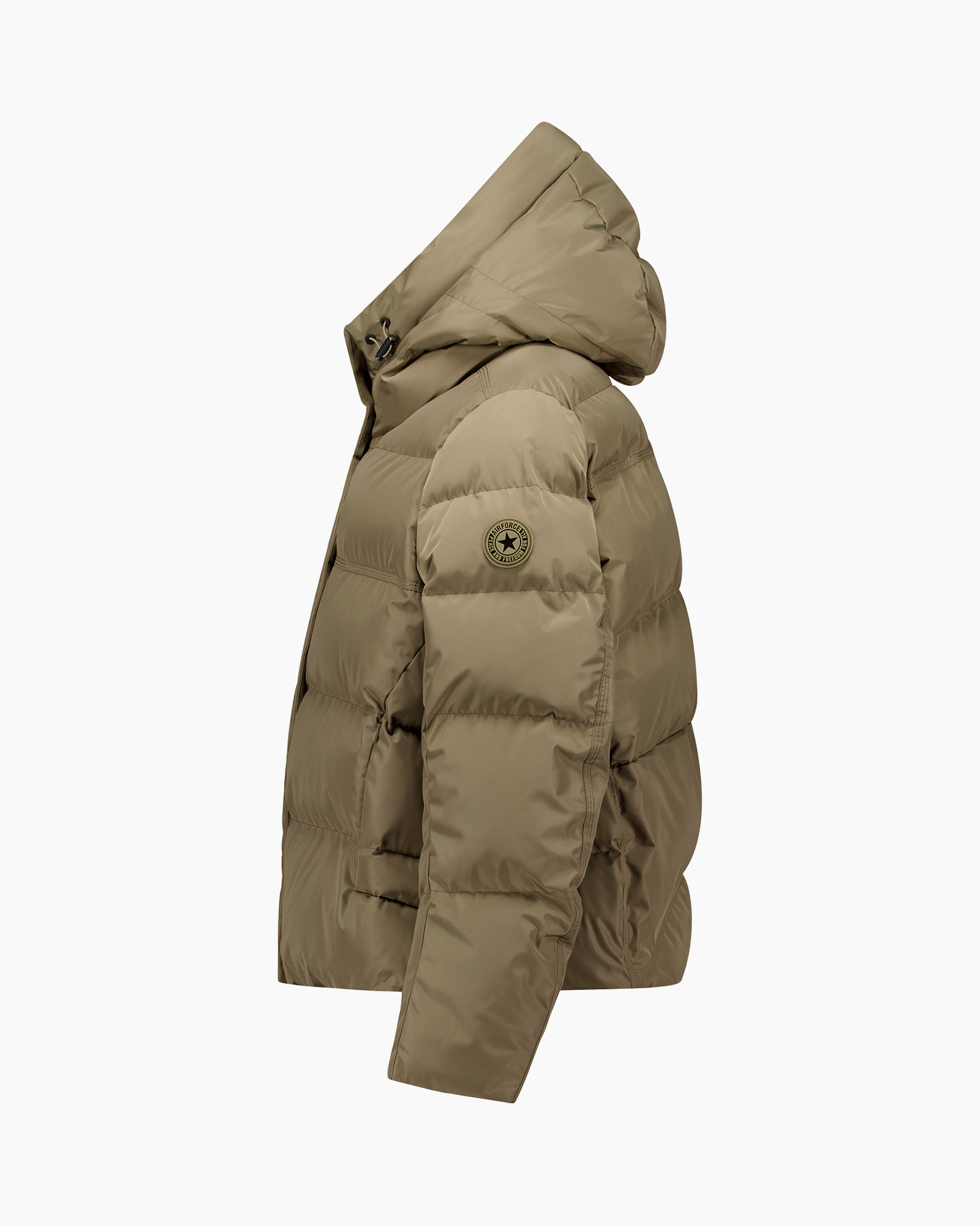 donzen jas, kap/hood, beige, donzen vulling, logo op mouw