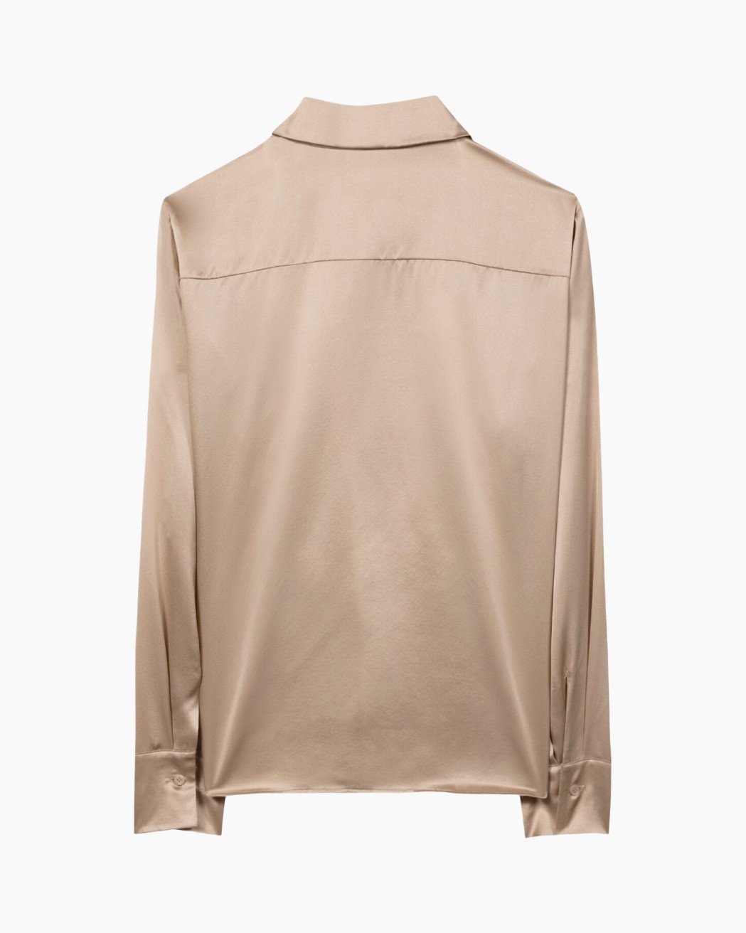 zijden, blouse, beige, lange mouw, kraag